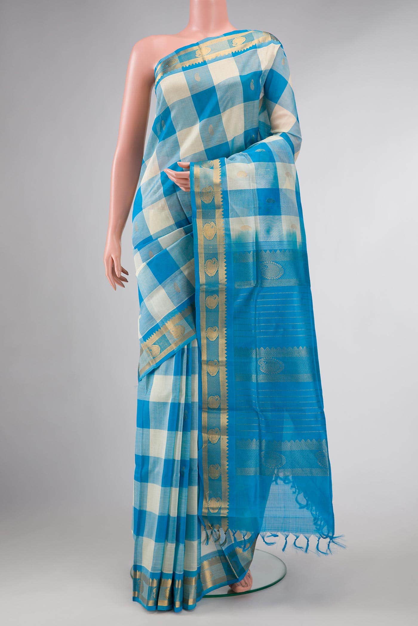 Sky Blue and Off White Dual Tone Silk Cotton Saree