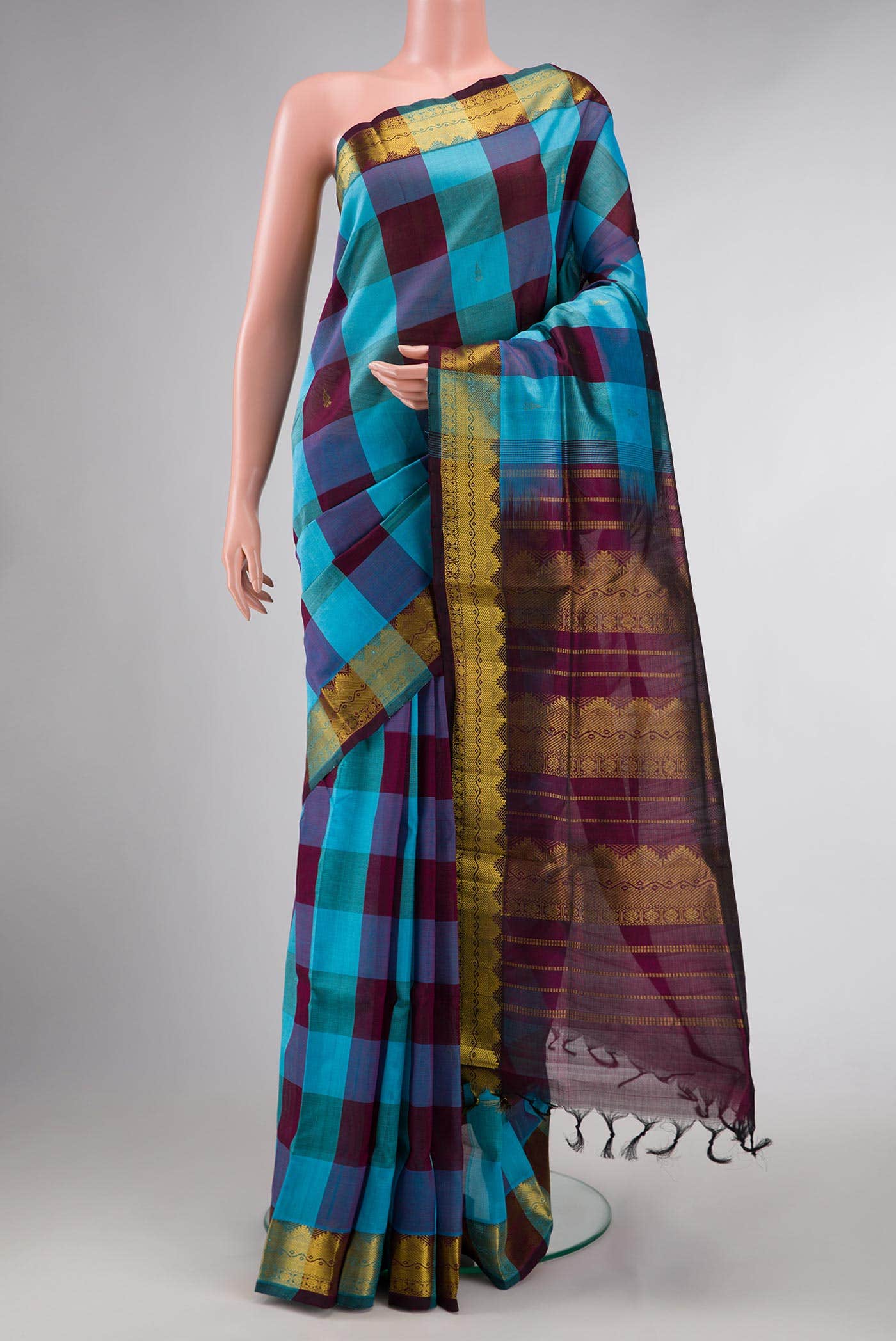 Sky Blue and Coffee Brown Dual Tone Silk Cotton Saree