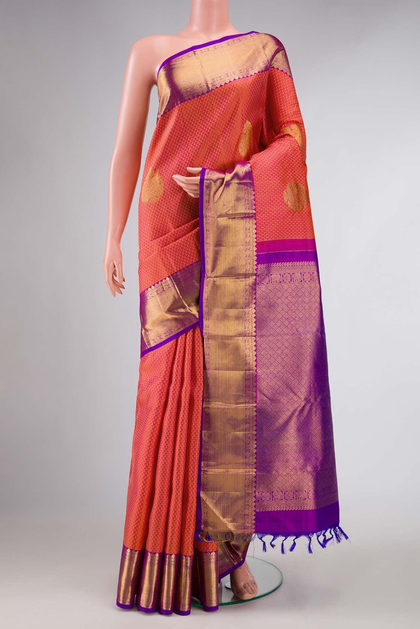 Pure Silk Pure Zari Peach Dual Tone Kanchipuram Saree