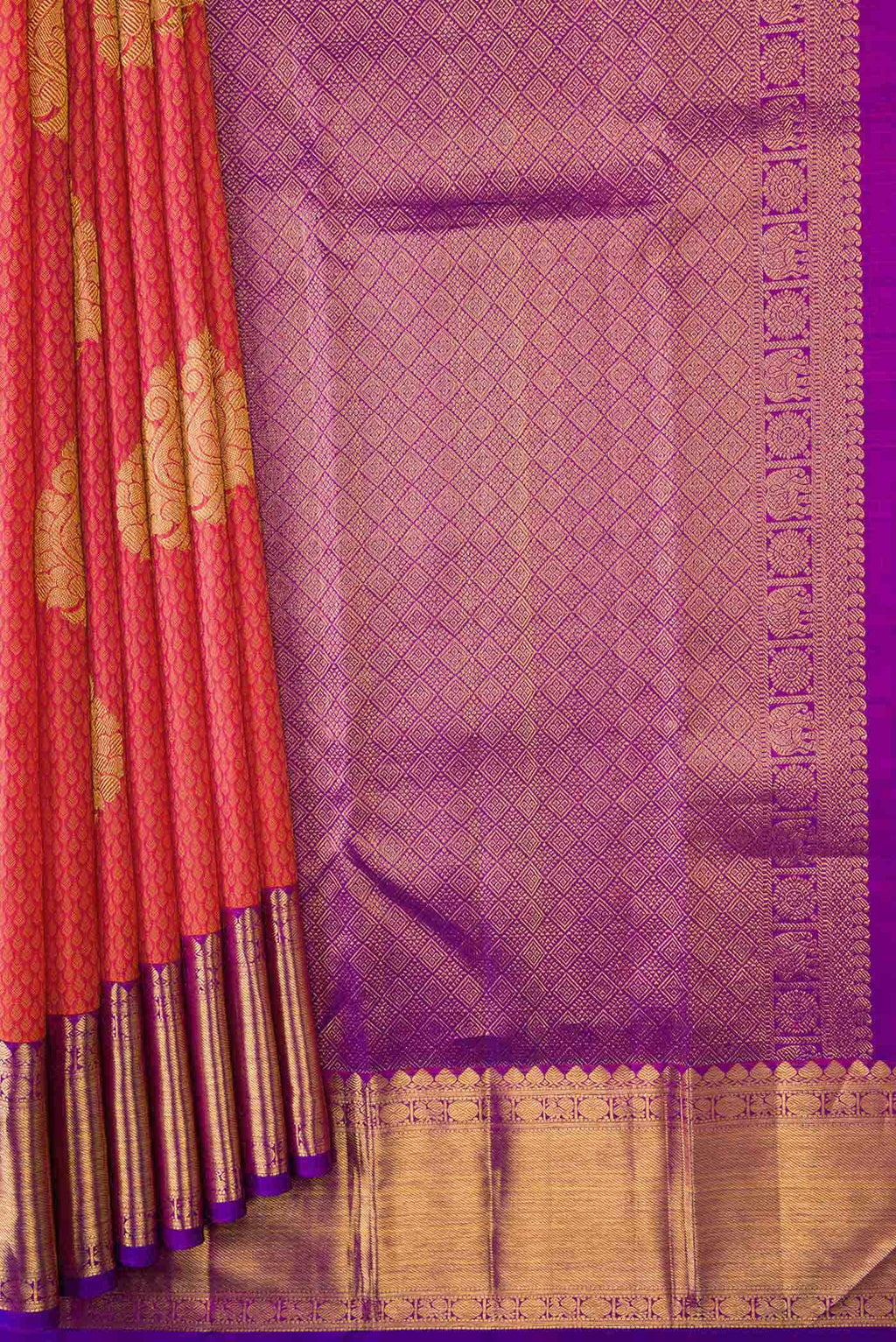 Pure Silk Pure Zari Peach Dual Tone Kanchipuram Saree
