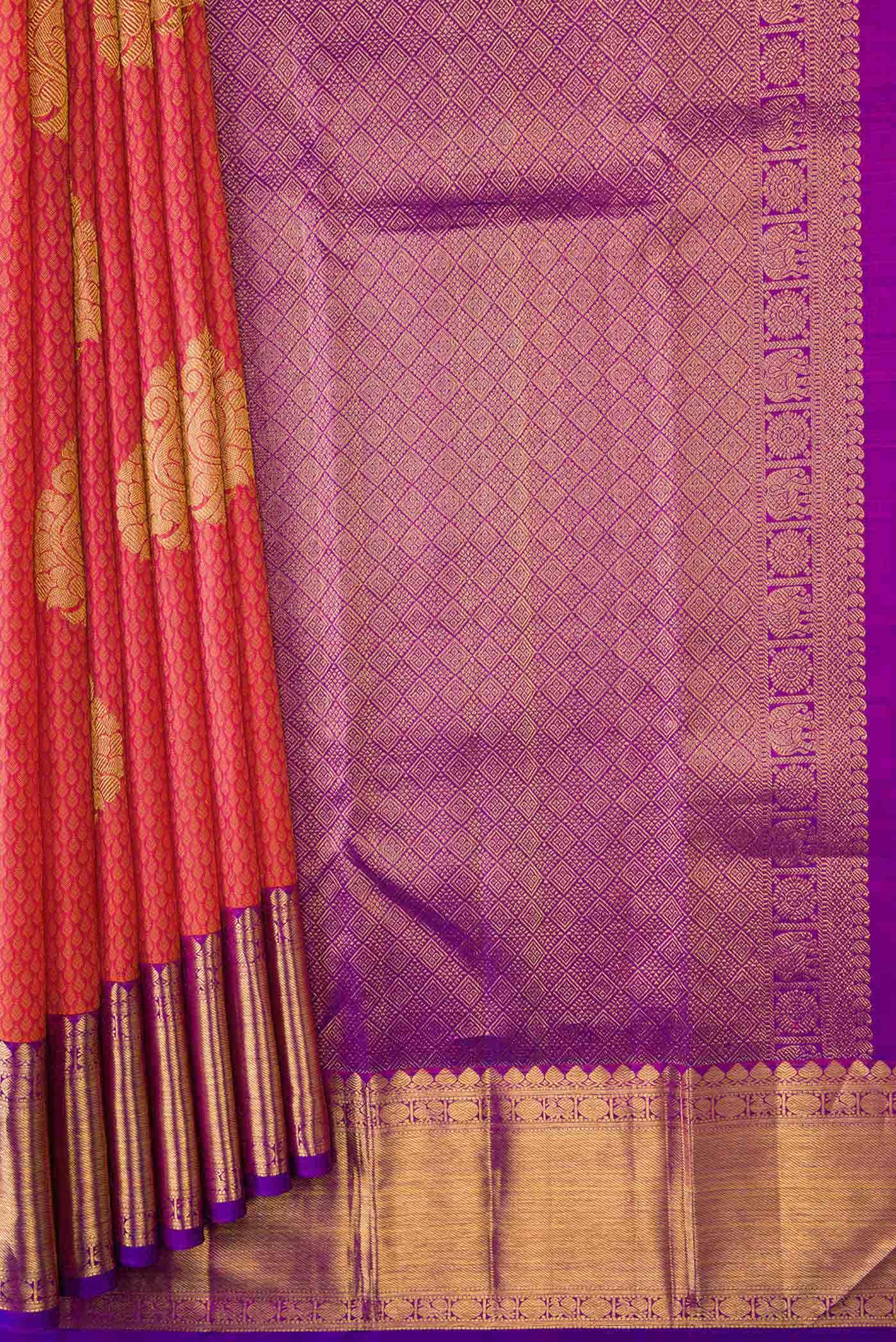 Pure Silk Pure Zari Peach Dual Tone Kanchipuram Saree