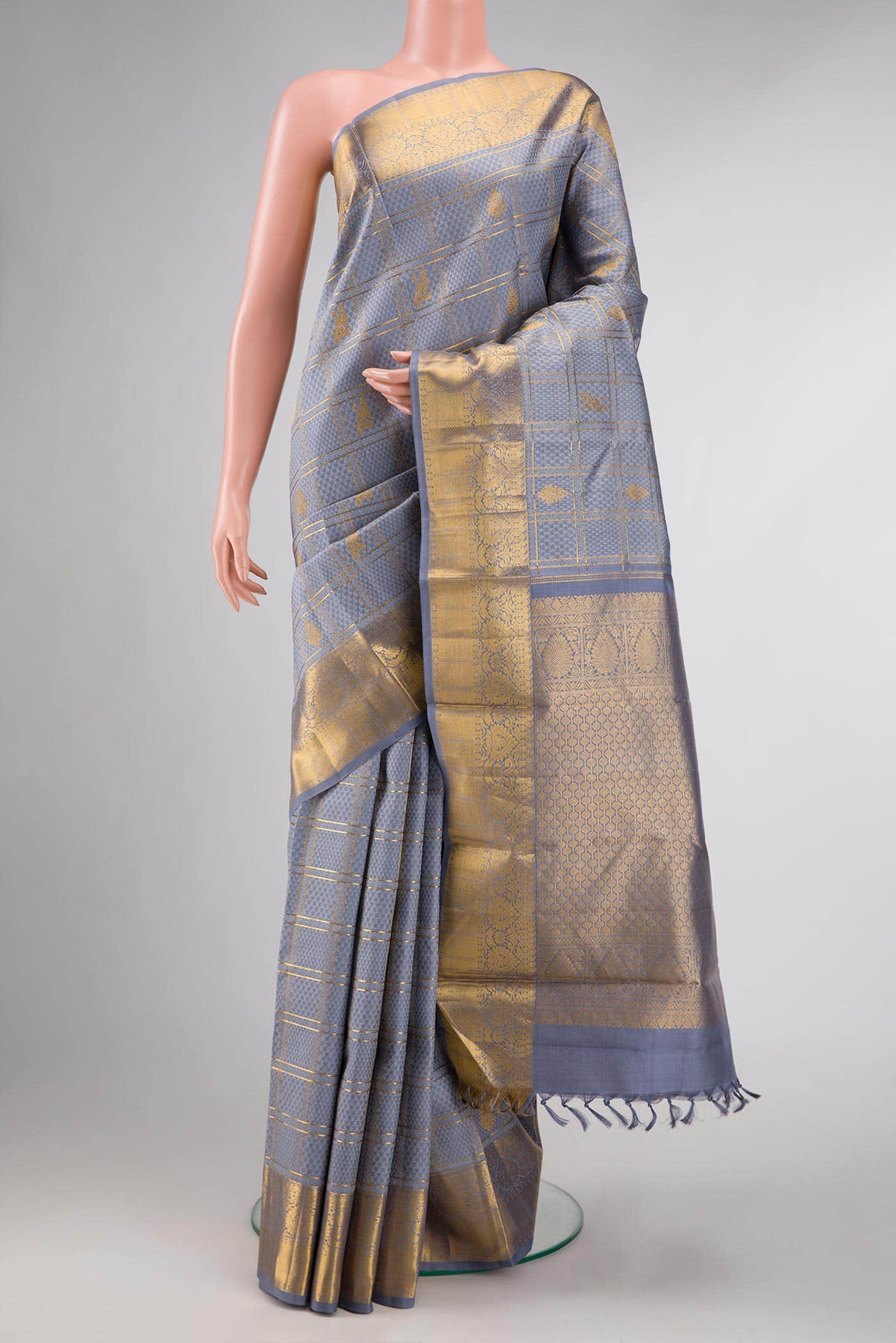Pure Silk Pure Zari Grey Dual Tone Kanchipuram Saree