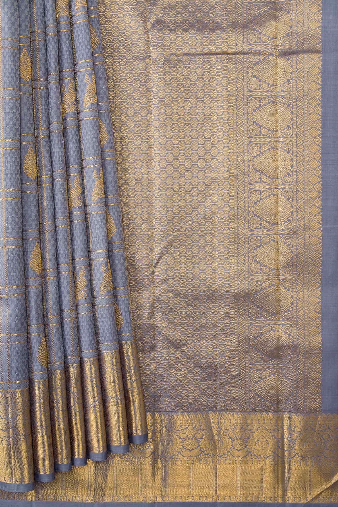 Pure Silk Pure Zari Grey Dual Tone Kanchipuram Saree