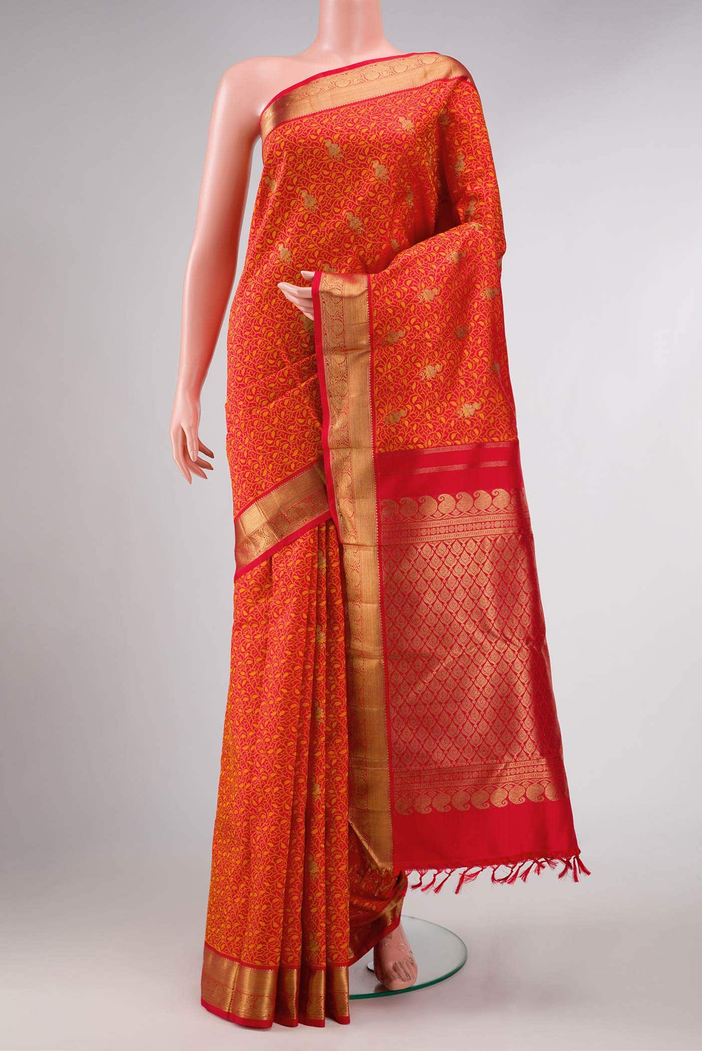 Pure Silk Pure Zari Orange Dual Tone Kanchipuram Saree