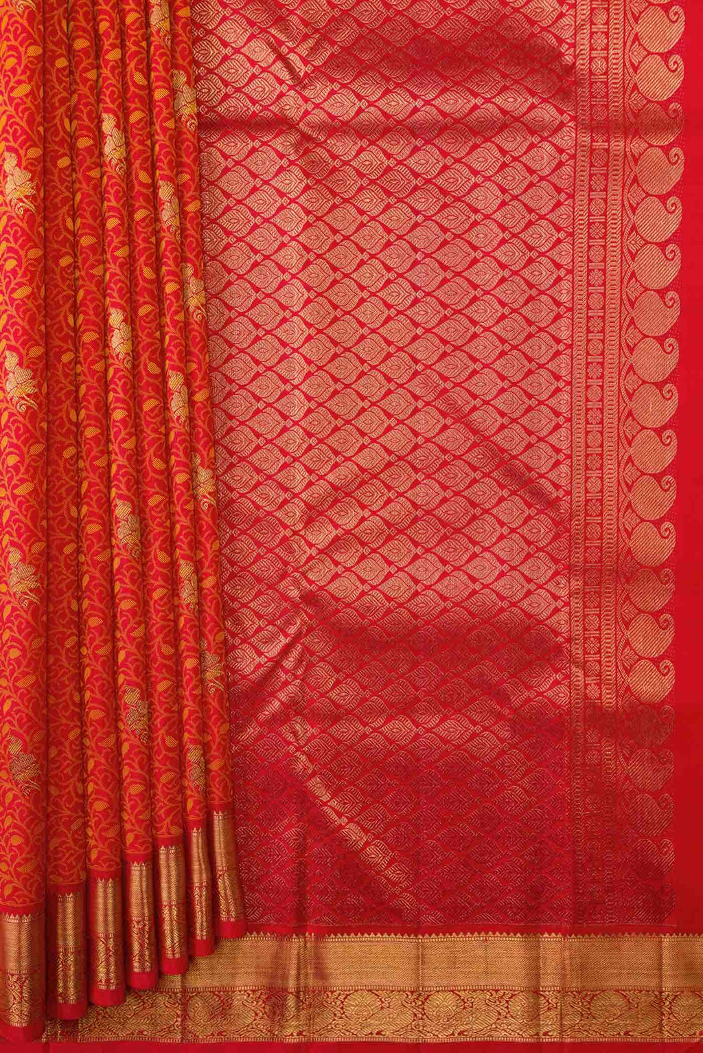Pure Silk Pure Zari Orange Dual Tone Kanchipuram Saree
