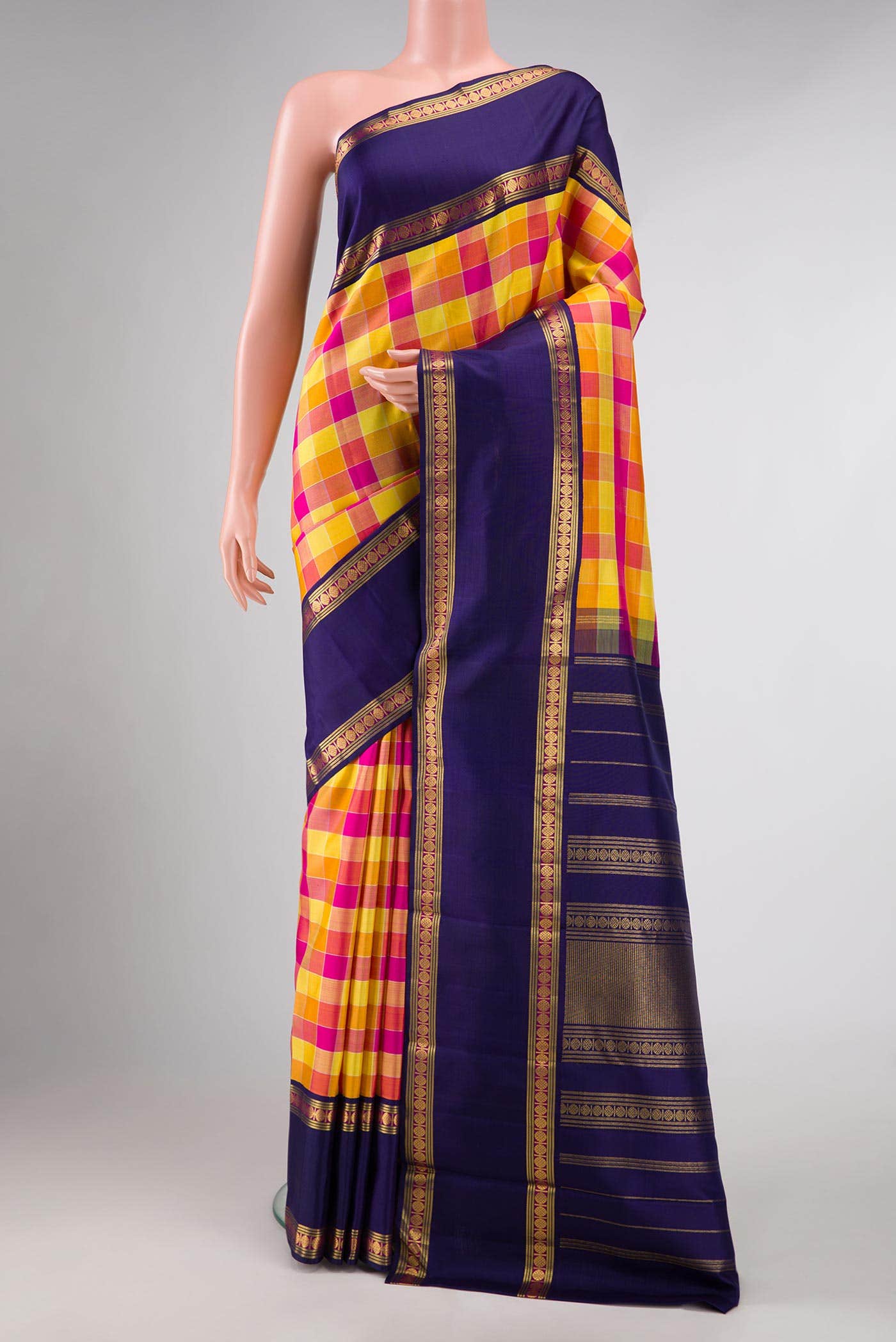 Pure Silk Pure Zari Yellow , Orange and Pink Dual Tone Kanchipuram Saree