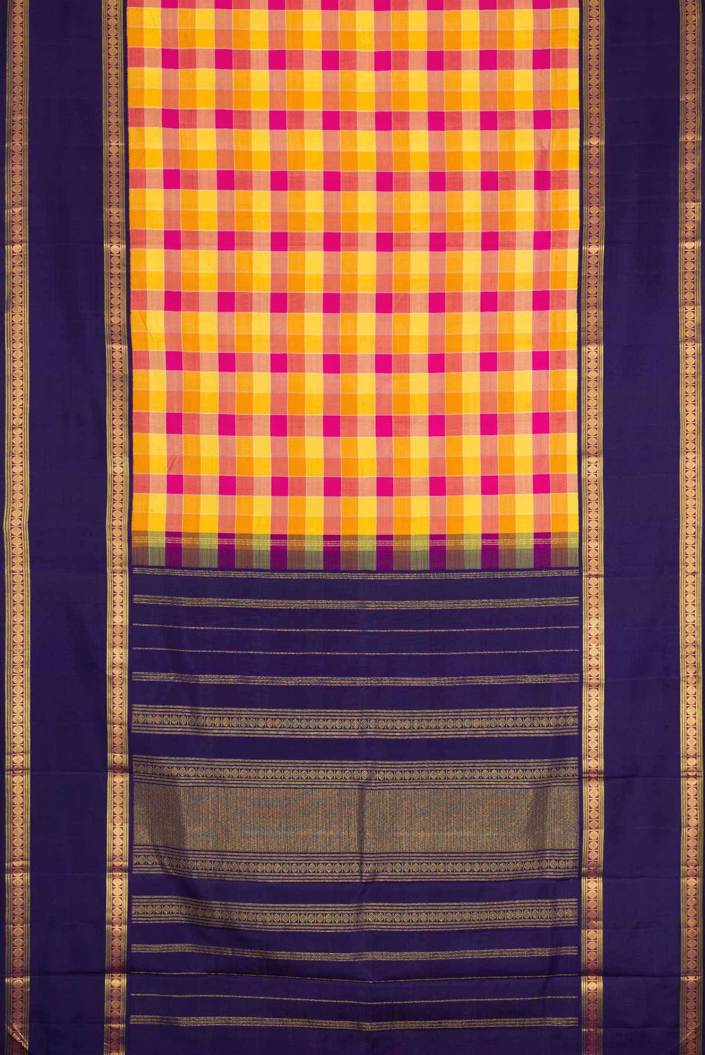 Pure Silk Pure Zari Yellow , Orange and Pink Dual Tone Kanchipuram Saree