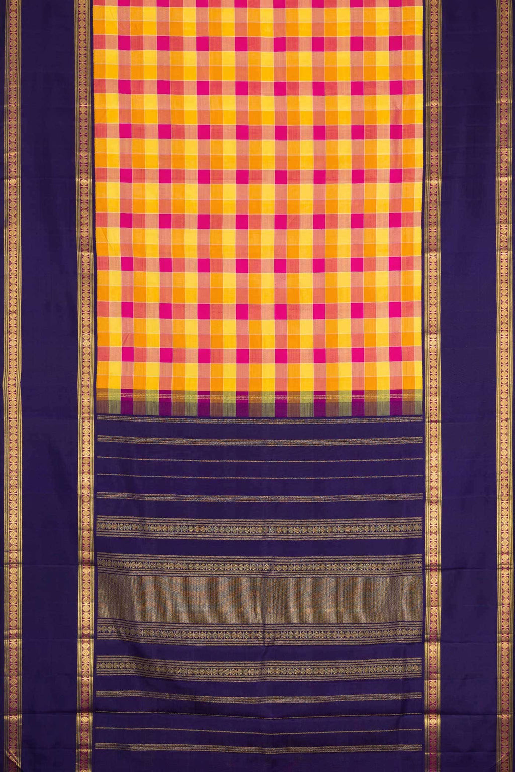 Pure Silk Pure Zari Yellow , Orange and Pink Dual Tone Kanchipuram Saree
