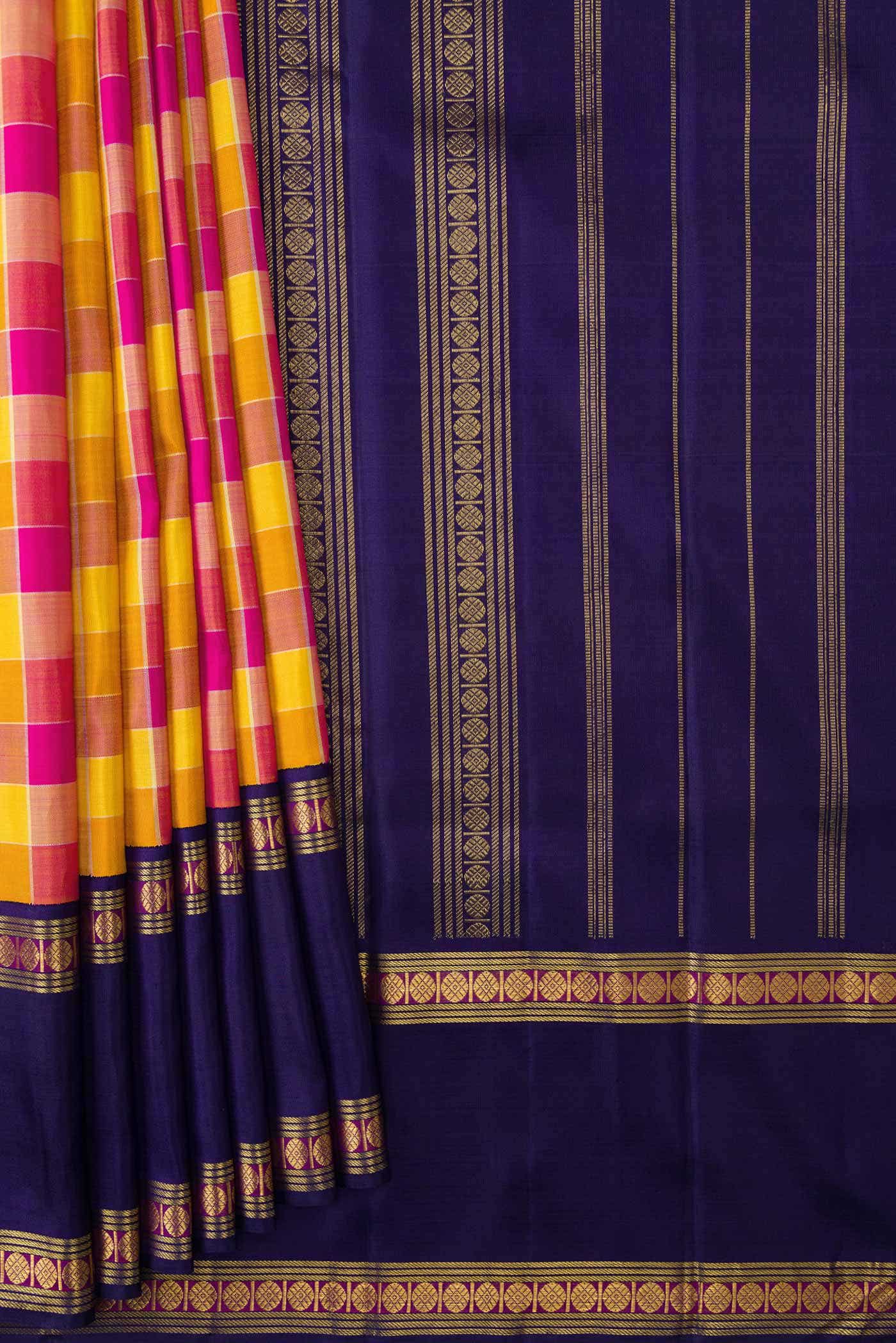 Pure Silk Pure Zari Yellow , Orange and Pink Dual Tone Kanchipuram Saree