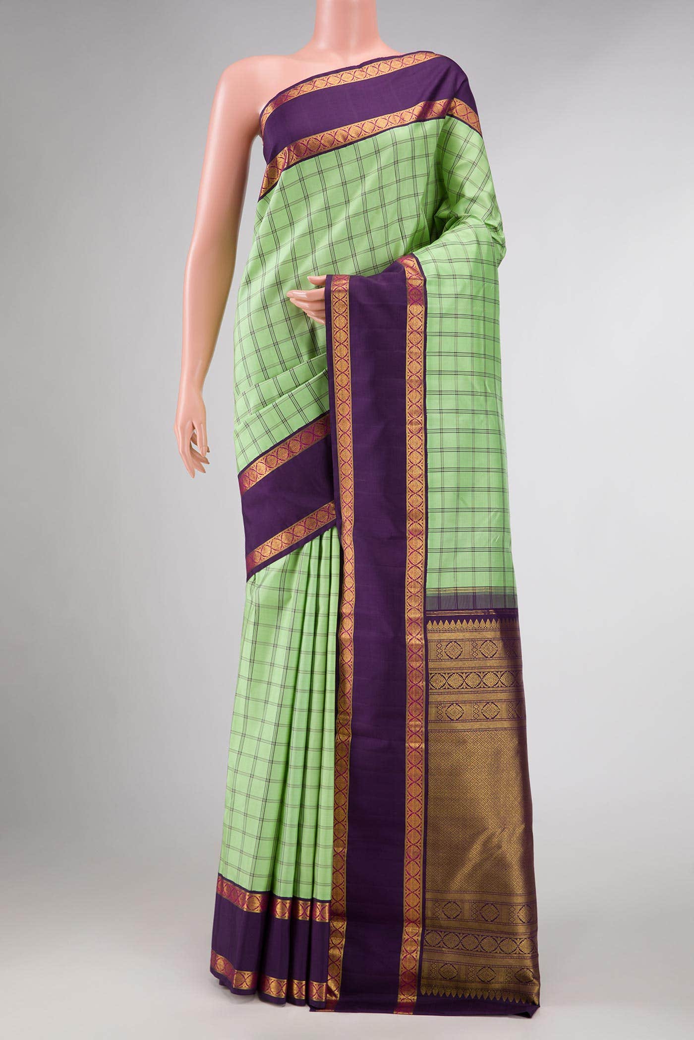Pure Silk Pure Zari Parrot Green Dual Tone Kanchipuram Saree