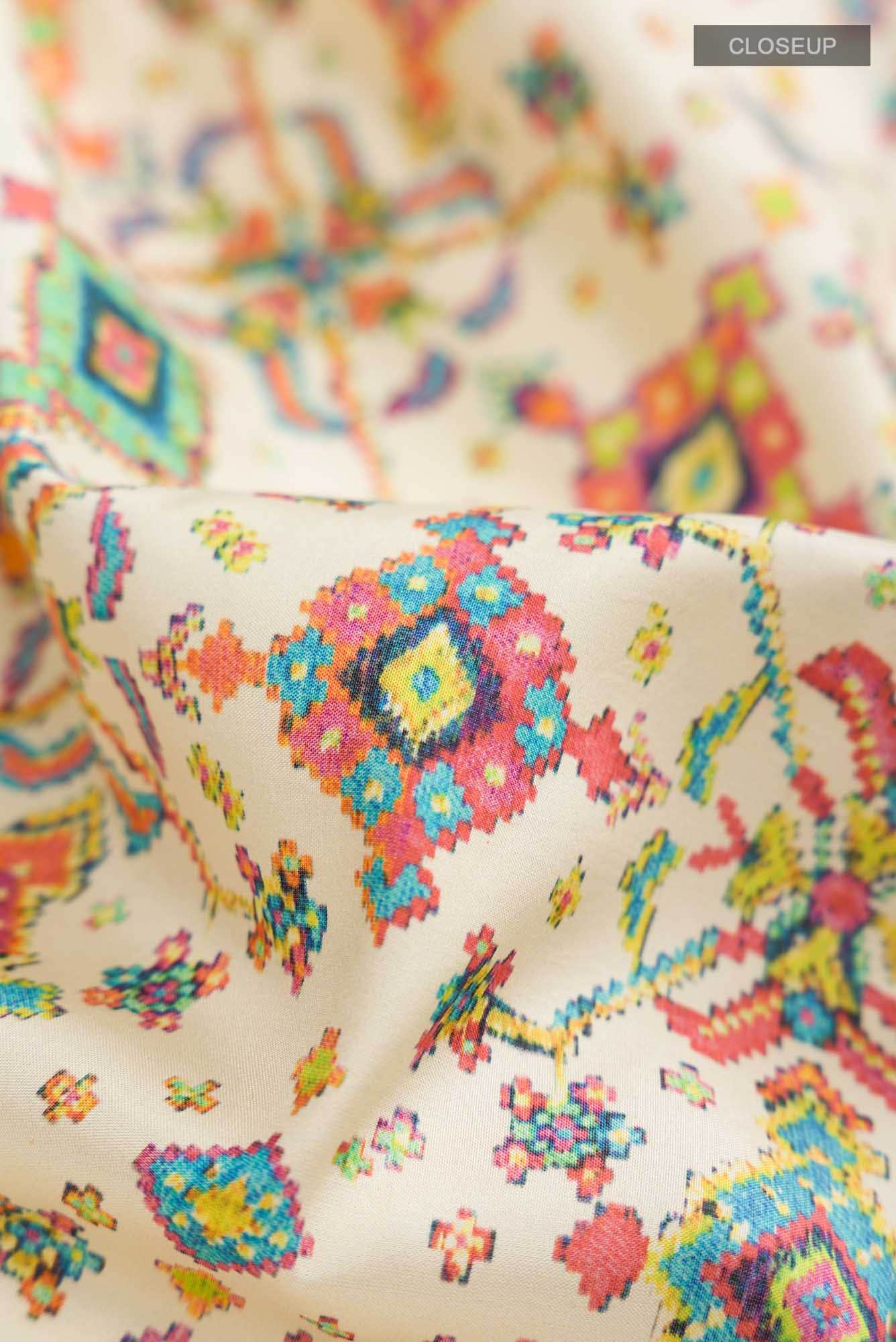 Cream Printed Silk Saree