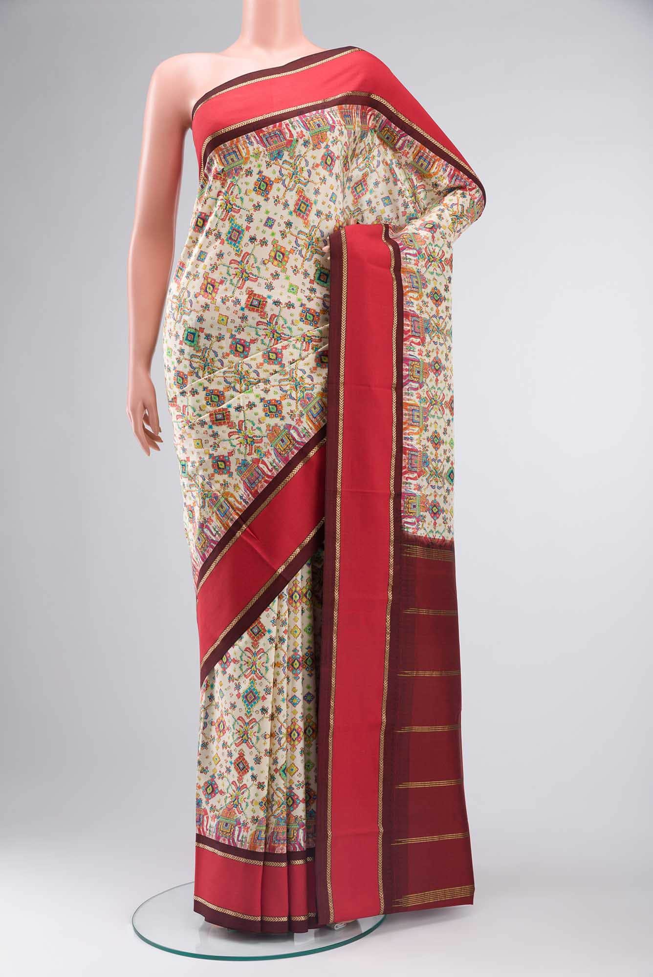Cream Printed Silk Saree