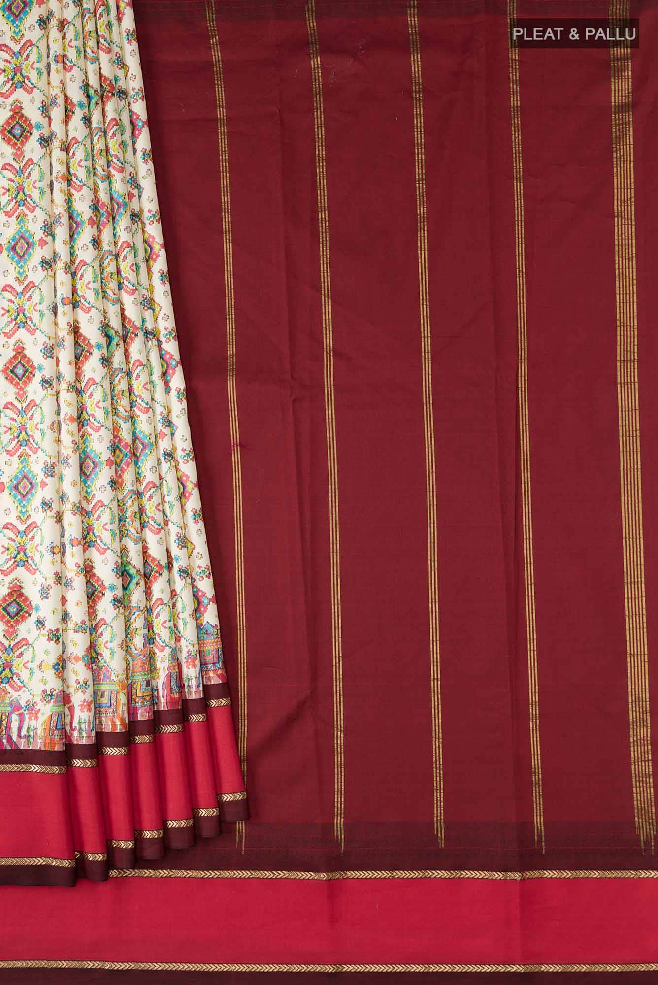 Cream Printed Silk Saree