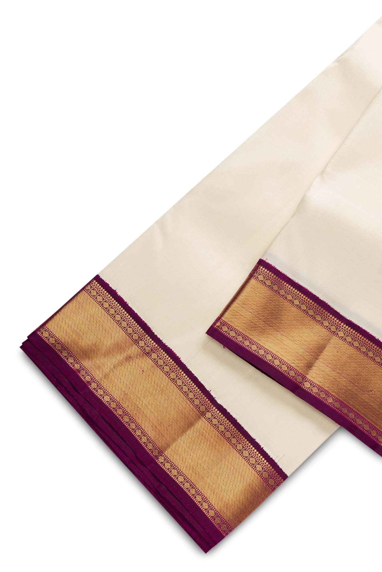 Cream Silk Dhoti With Angavastram (9X 5) Muzham