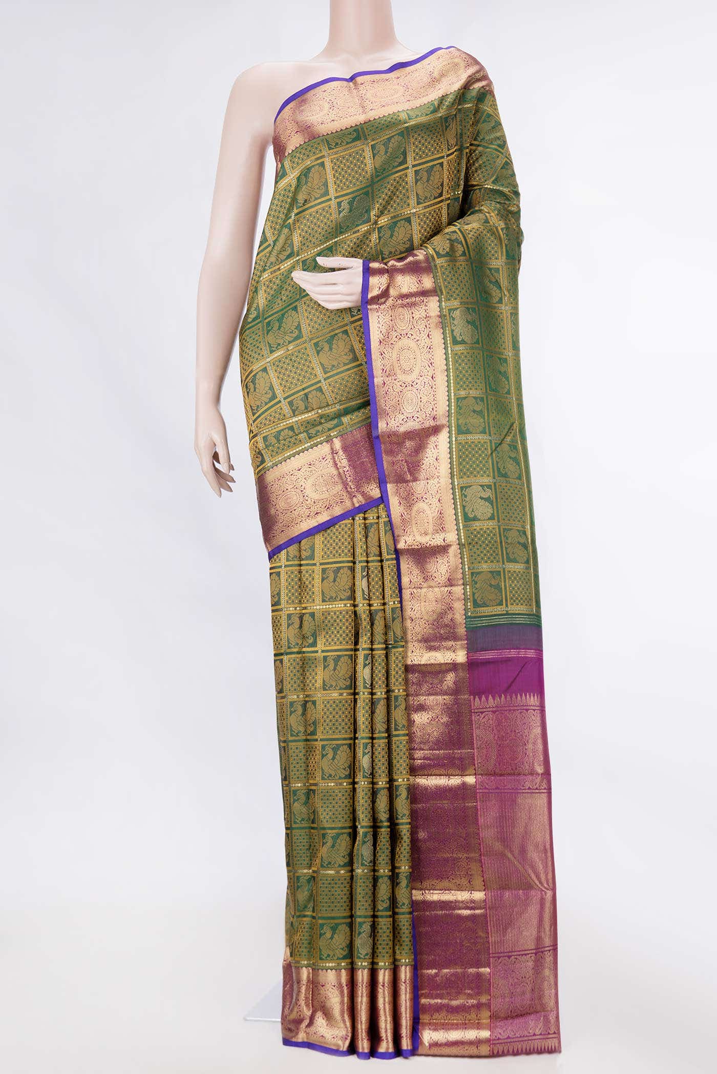 Pure Silk Pure Zari Green Dual Tone Kanchipuram Saree