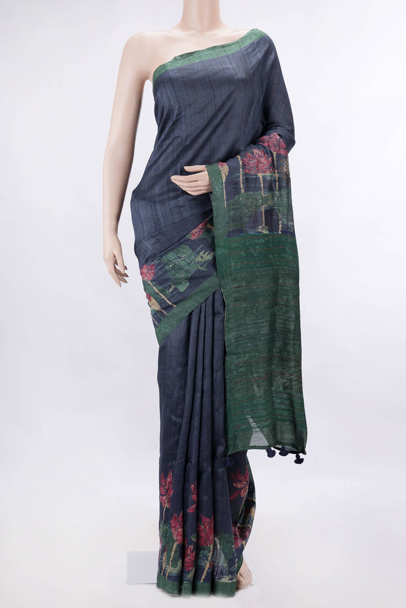 Navy Blue Dual Tone Tussar Silk Saree