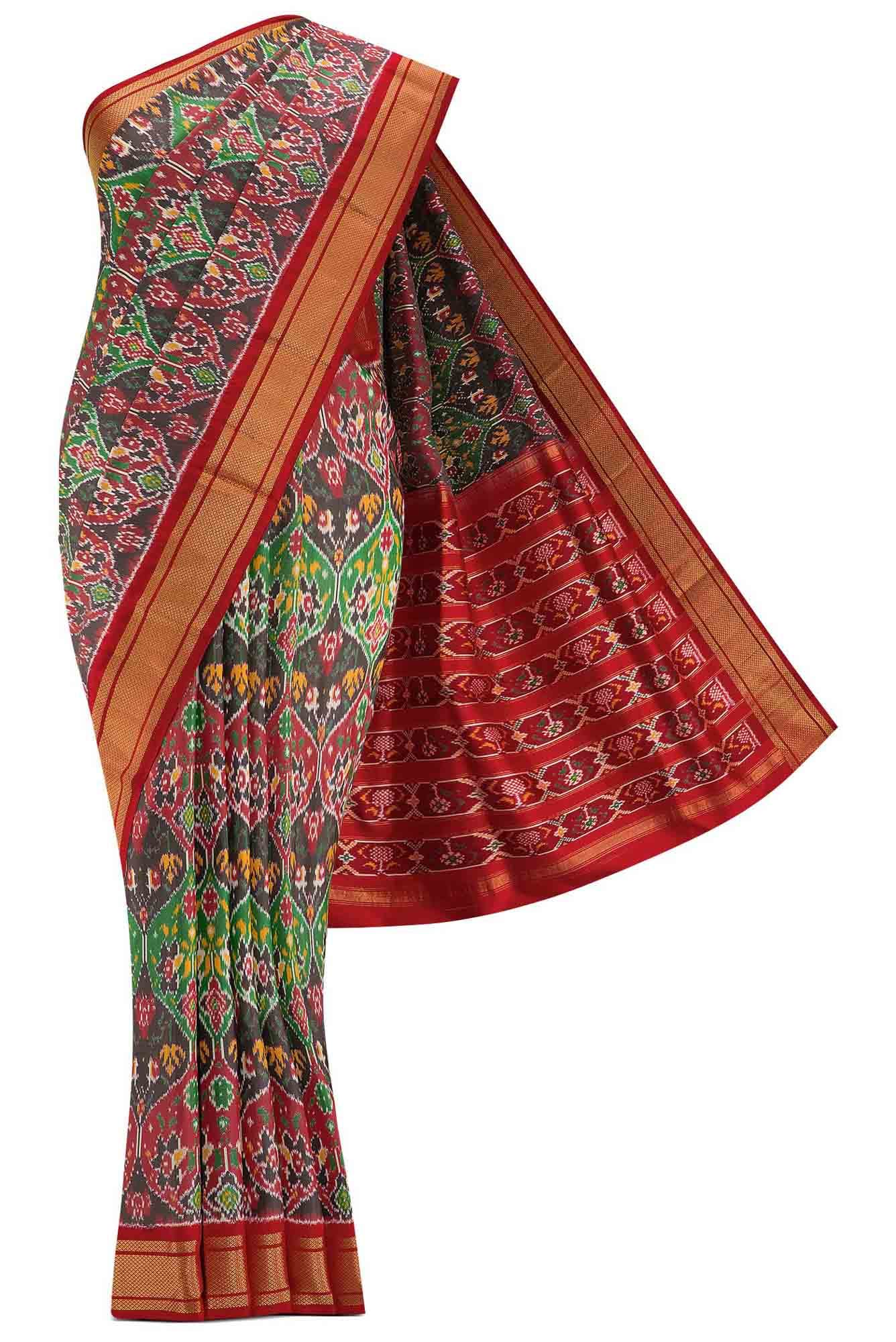 Pure Silk Pure Zari Maroon and Brown Dual Tone Double Ikat Saree