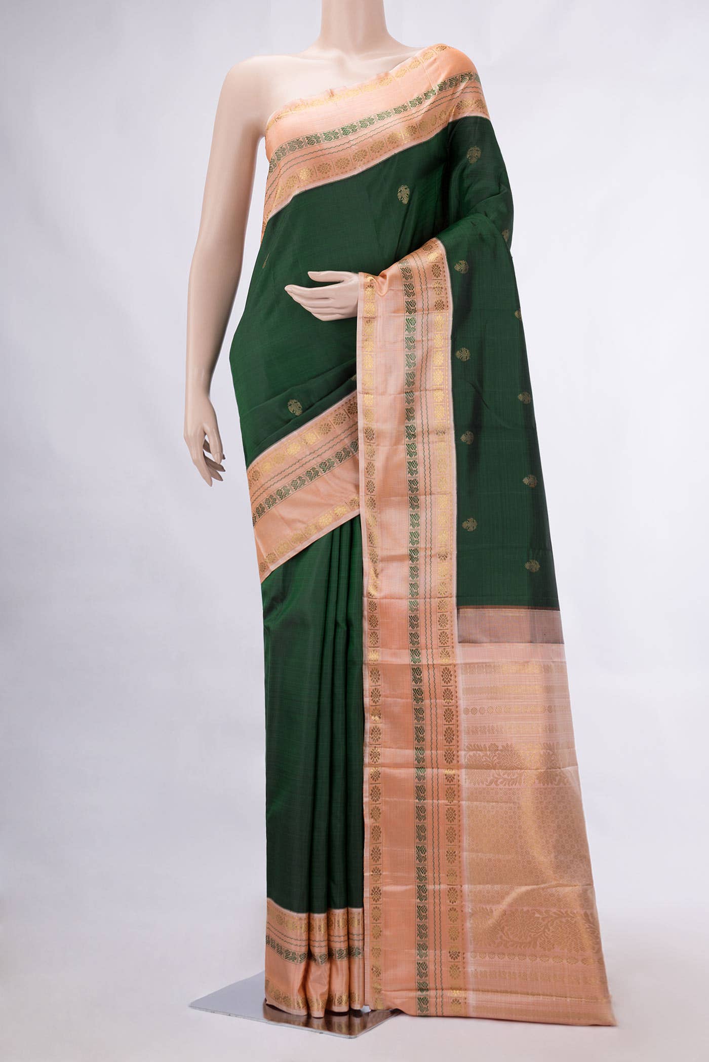 Pure Silk Pure Zari Bottle Green Dual Tone Kanchipuram Saree