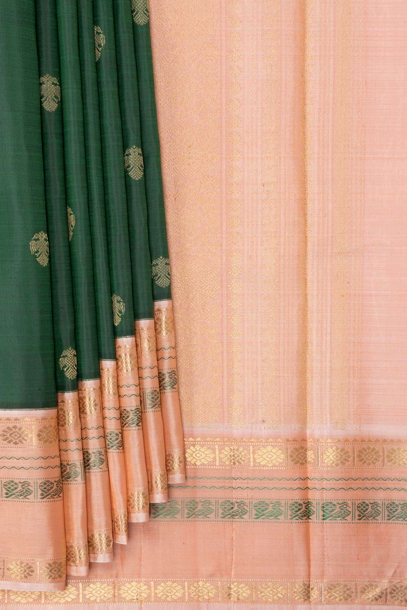 Pure Silk Pure Zari Bottle Green Dual Tone Kanchipuram Saree