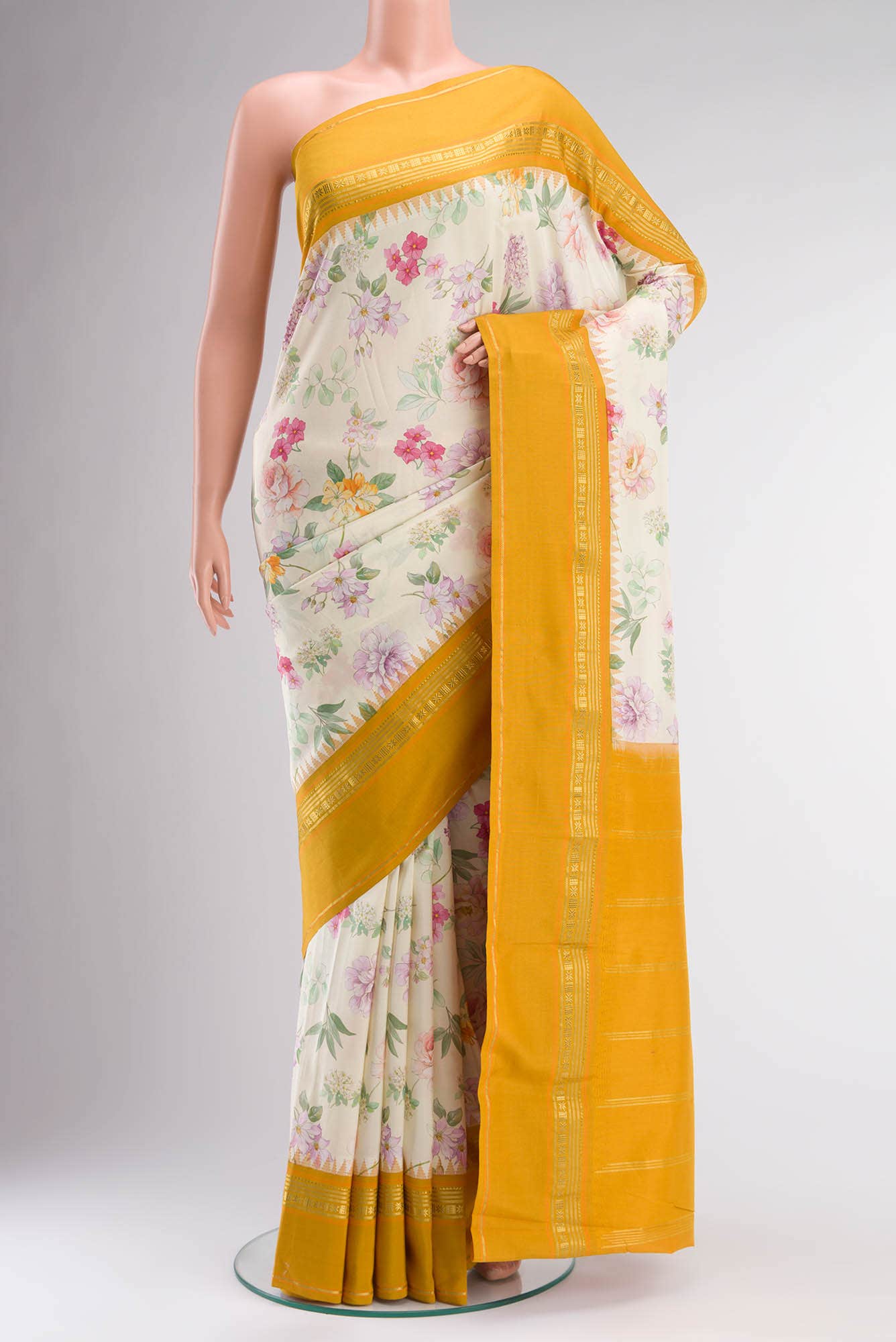 Cream Printed Silk Saree
