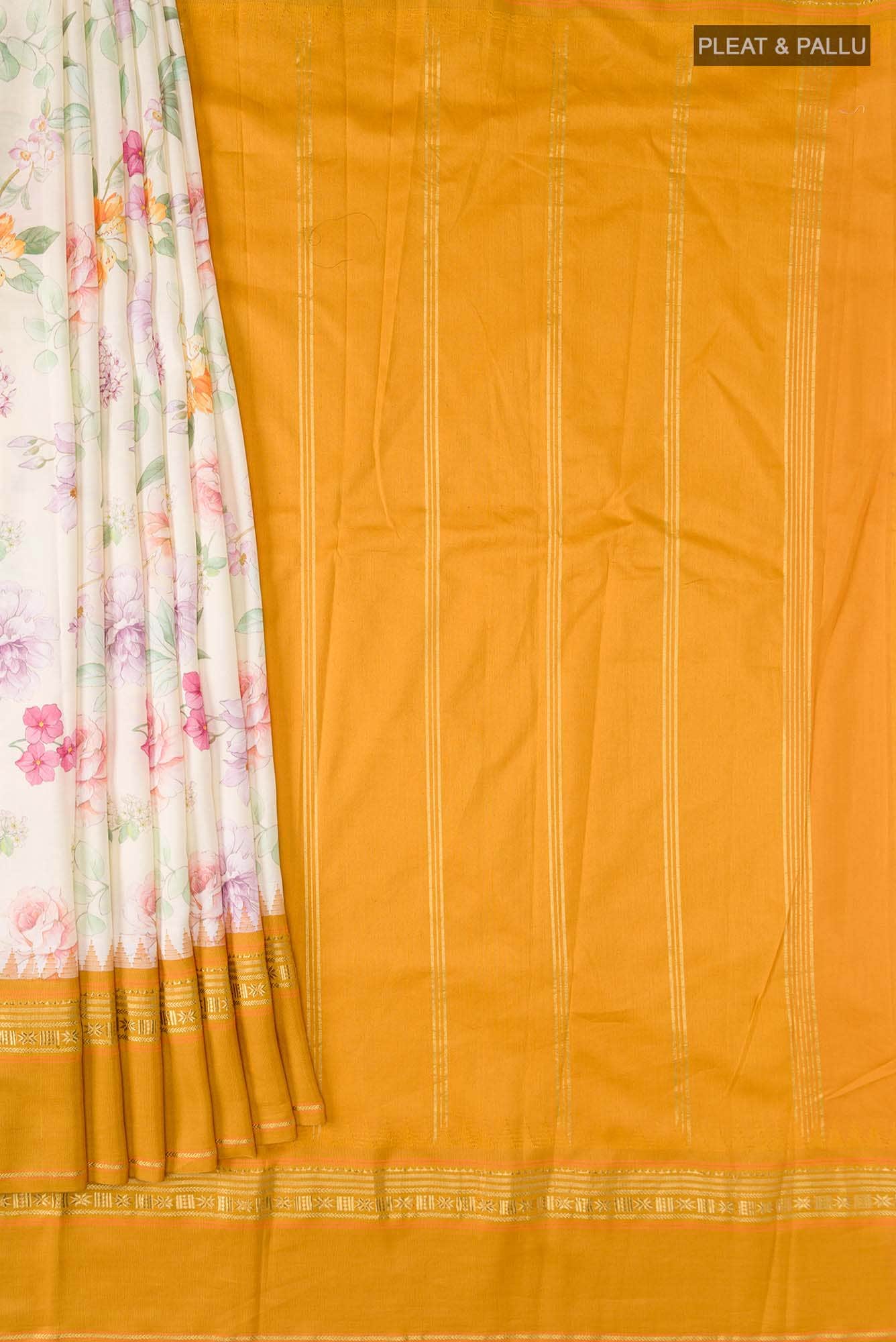 Cream Printed Silk Saree