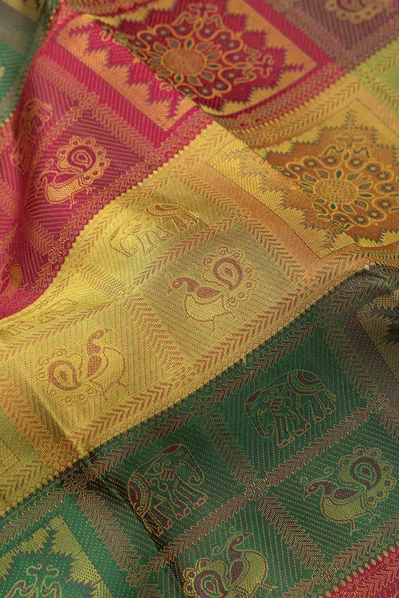 Maroon  Yellow and Green Dual Tone Kanchipuram Silk Saree