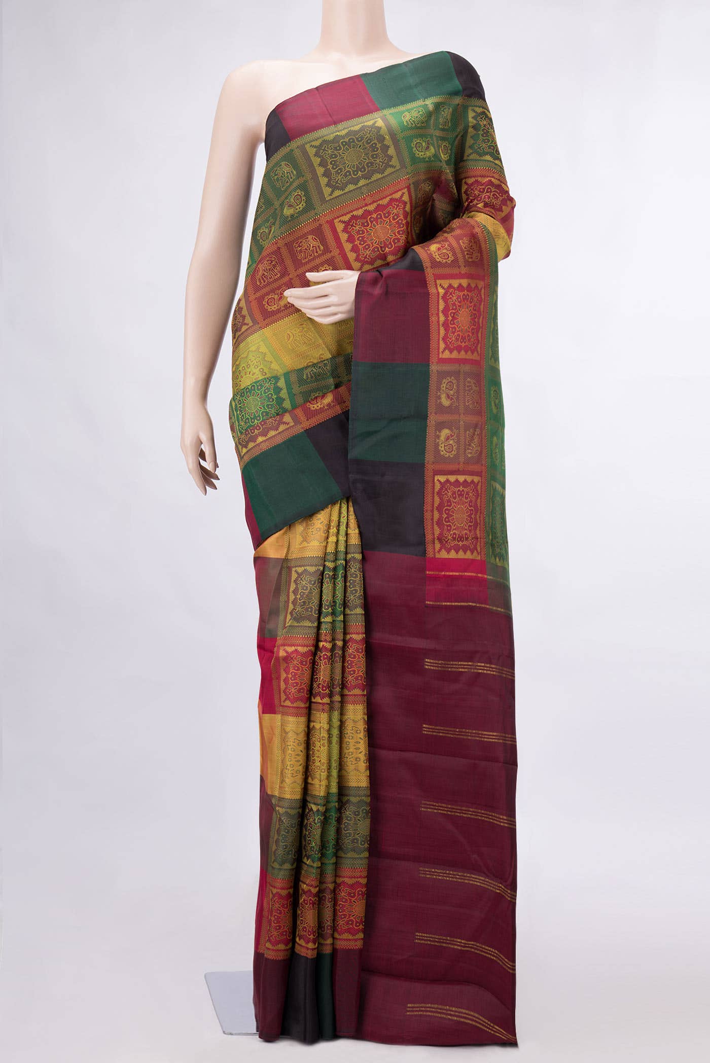 Maroon  Yellow and Green Dual Tone Kanchipuram Silk Saree