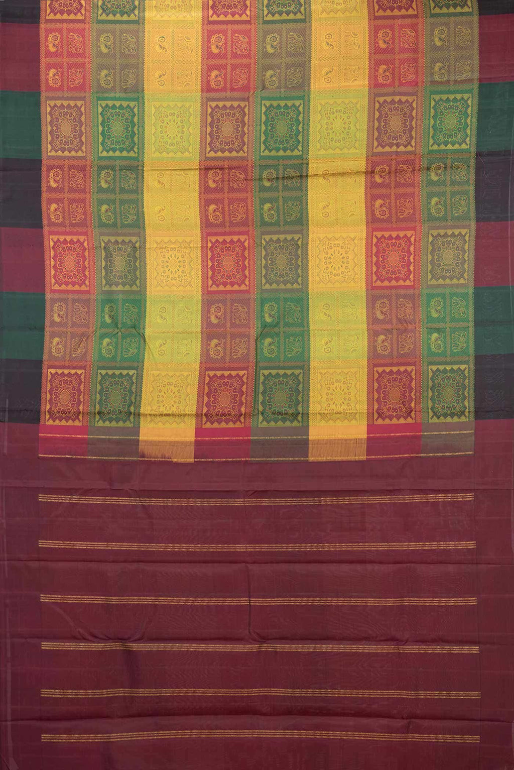 Maroon  Yellow and Green Dual Tone Kanchipuram Silk Saree