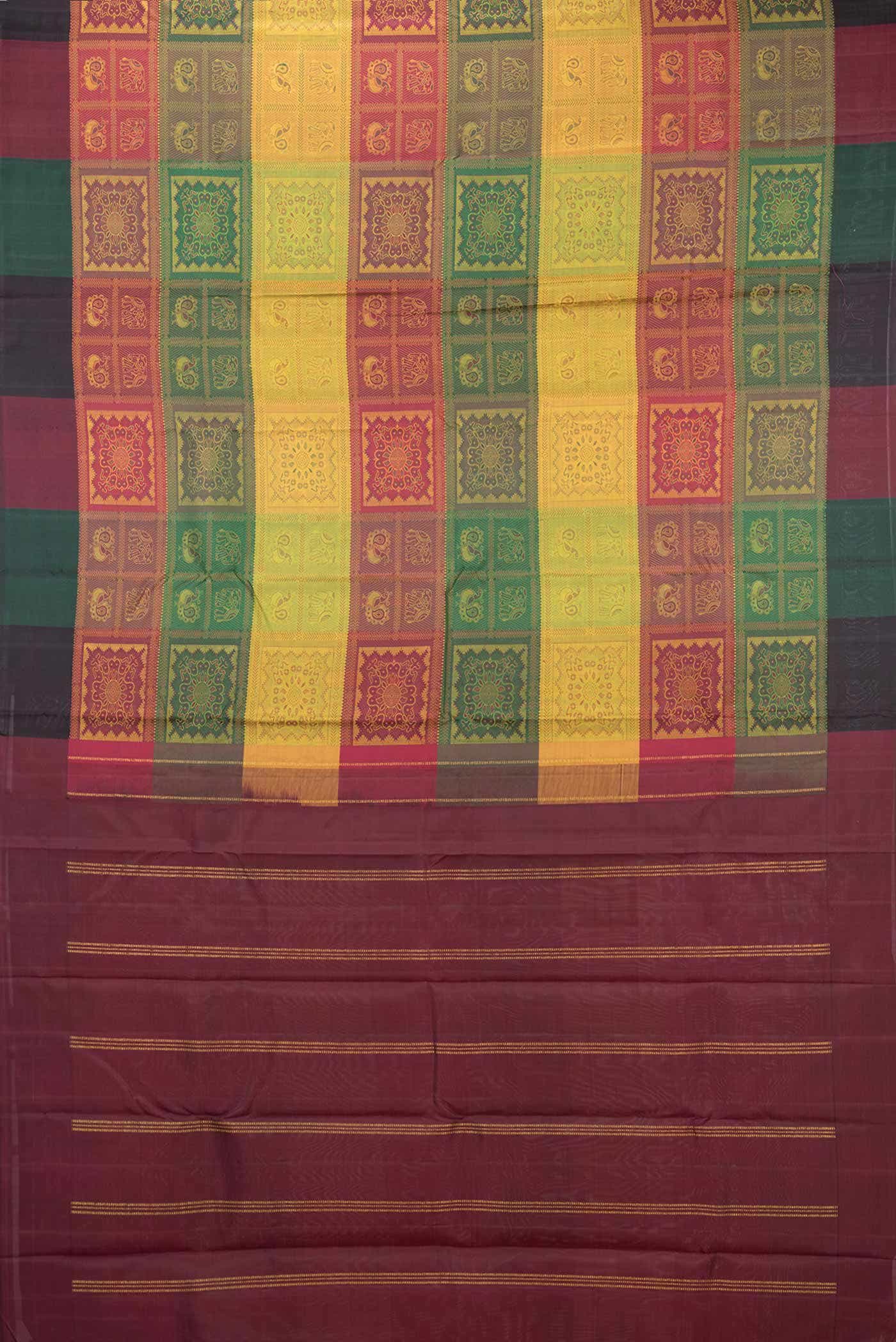 Maroon  Yellow and Green Dual Tone Kanchipuram Silk Saree