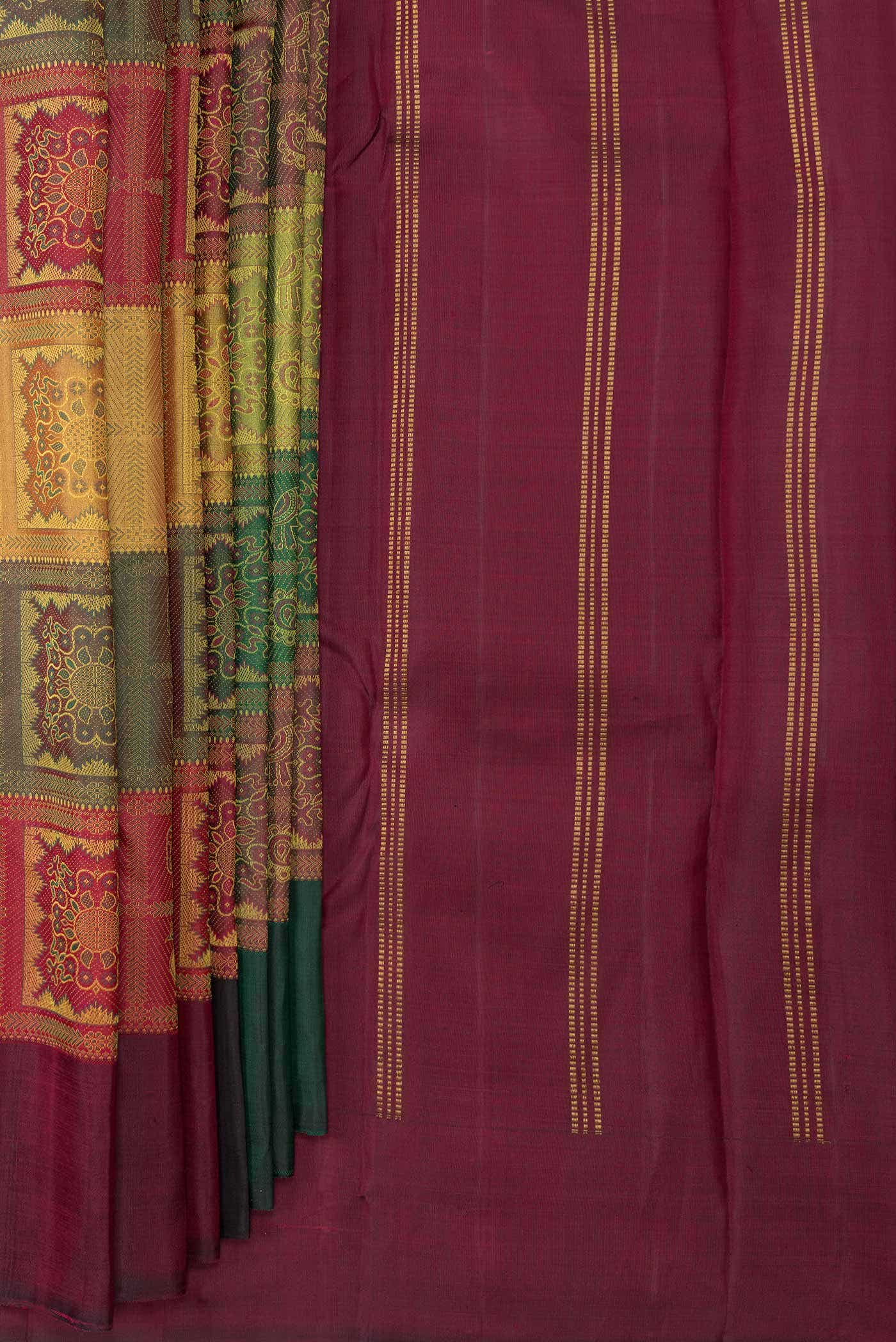 Maroon  Yellow and Green Dual Tone Kanchipuram Silk Saree