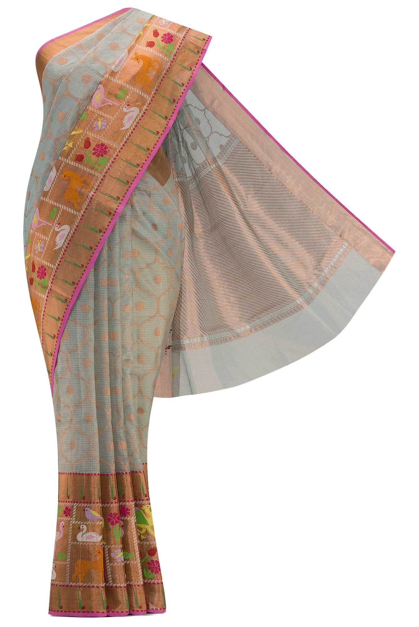 Pure Silk Pure Zari Blue Grey Dual Tone Kota Saree