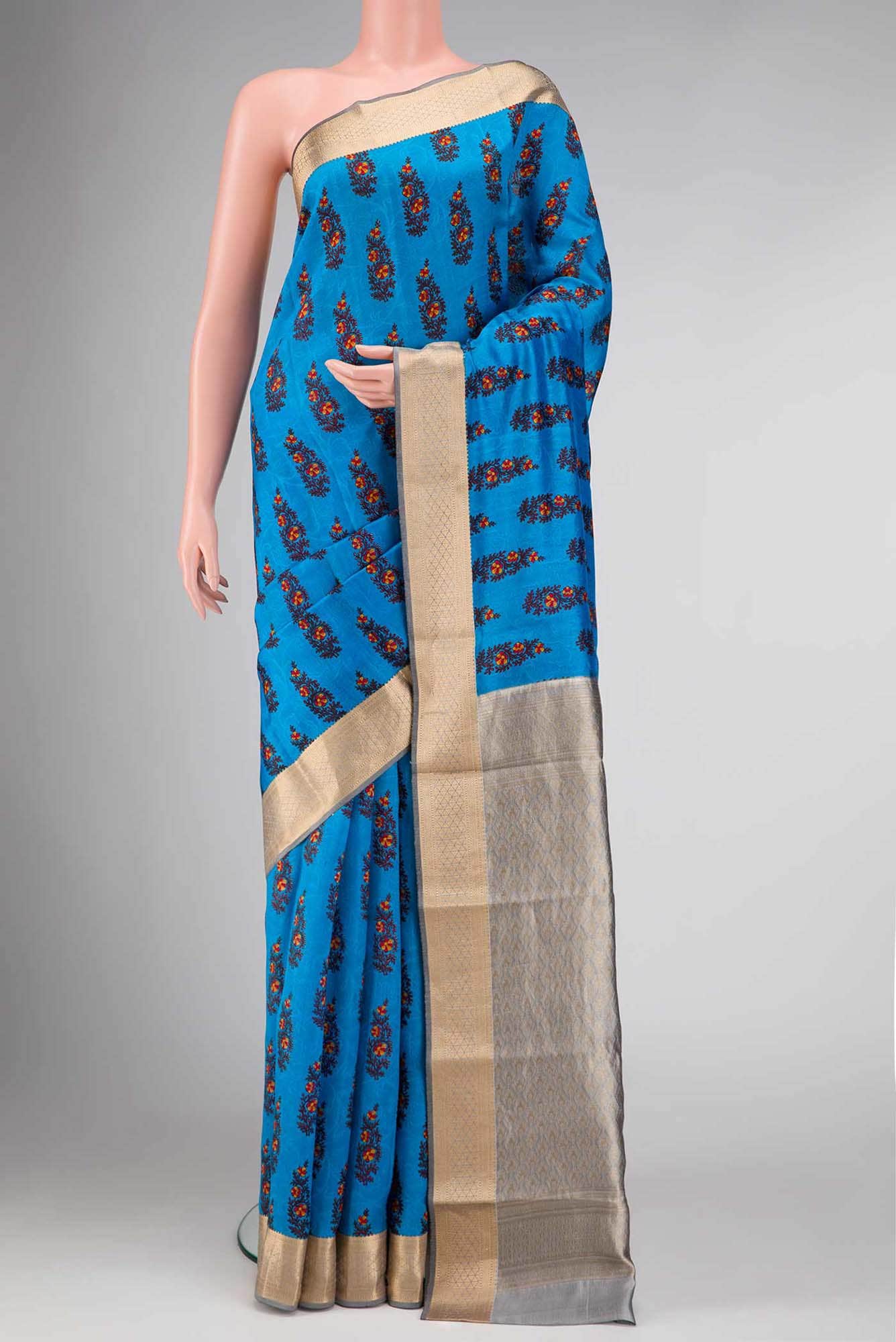 Peacock Blue Dual Tone Printed Silk Saree