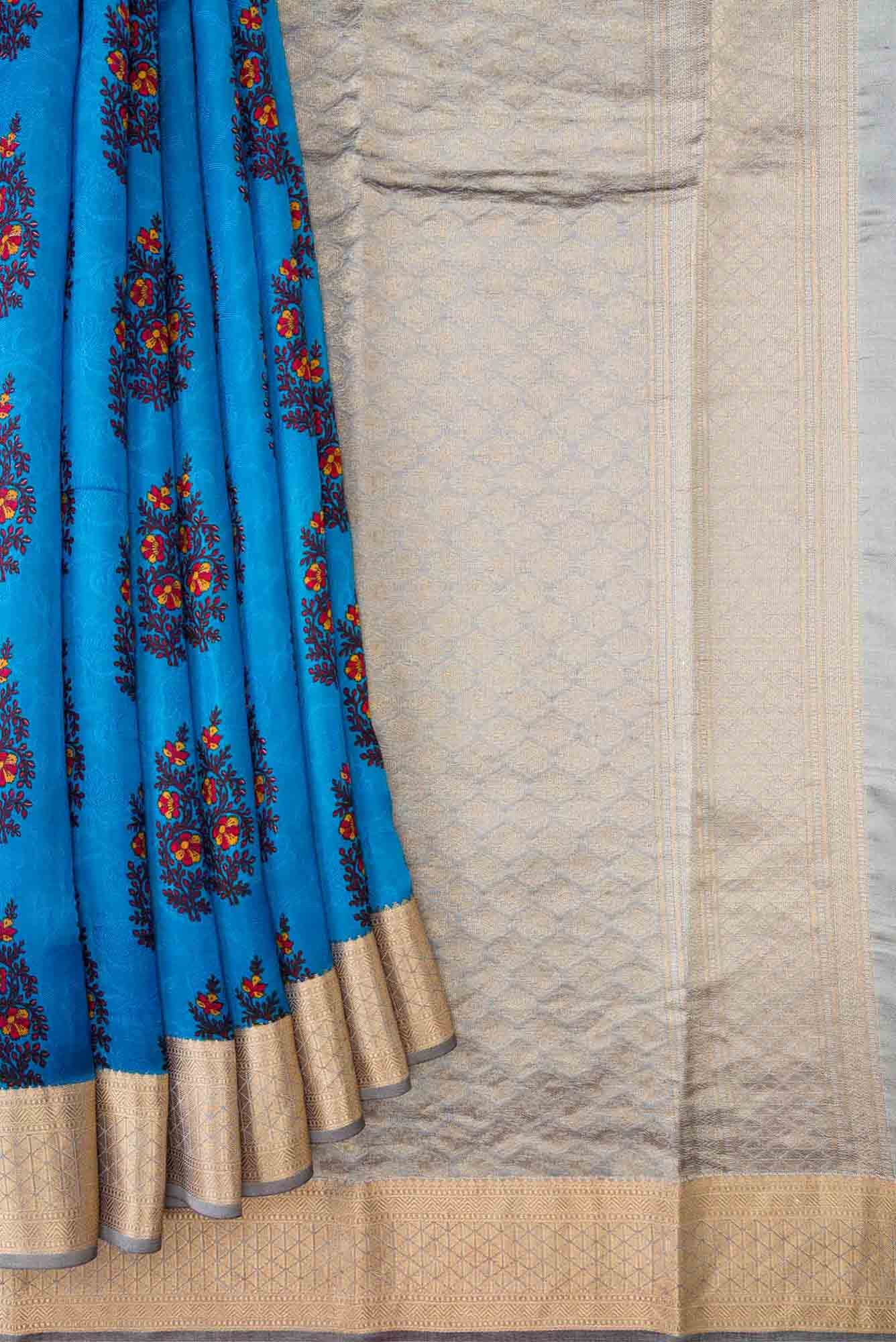 Peacock Blue Dual Tone Printed Silk Saree