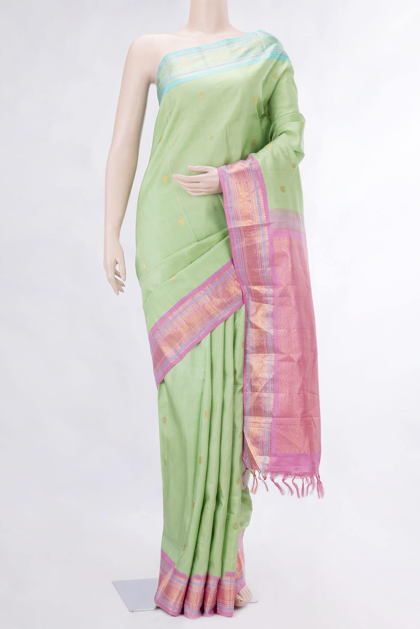 Pure Silk Pure Zari Pista Green Kanchipuram Saree