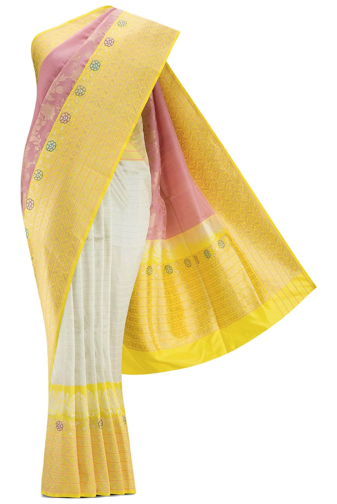 Pure Silk Pure Zari Pink and Off White Dual Tone Banarasi Saree