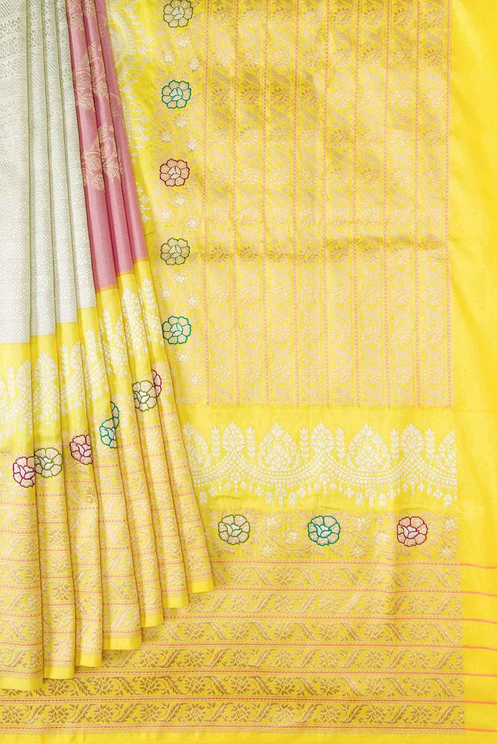 Pure Silk Pure Zari Pink and Off White Dual Tone Banarasi Saree