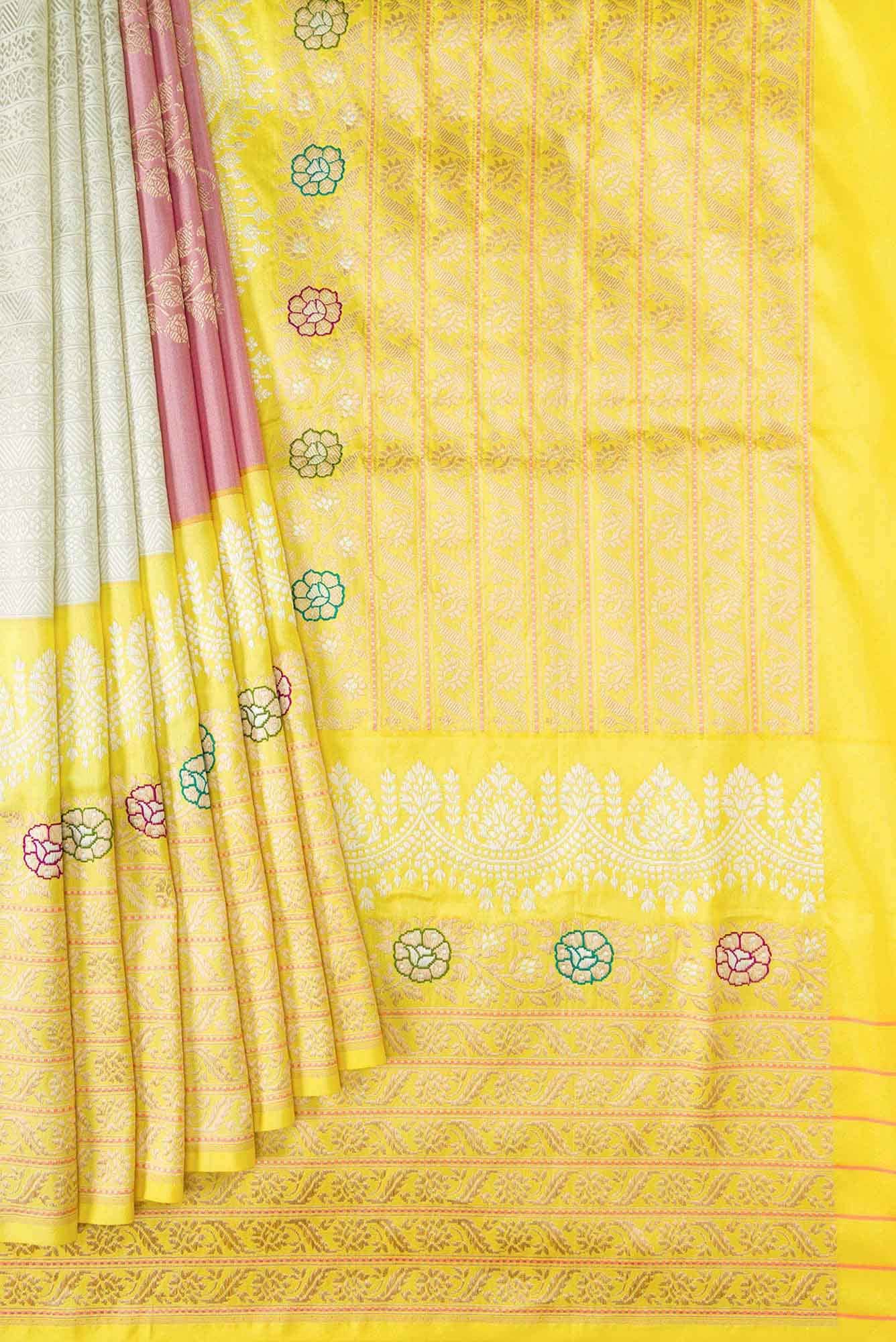 Pure Silk Pure Zari Pink and Off White Dual Tone Banarasi Saree