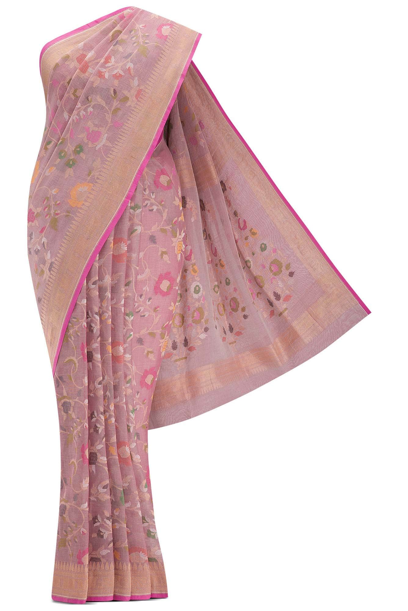 Pure Silk Pure Zari Pink Dual Tone Banarasi Cotton Saree