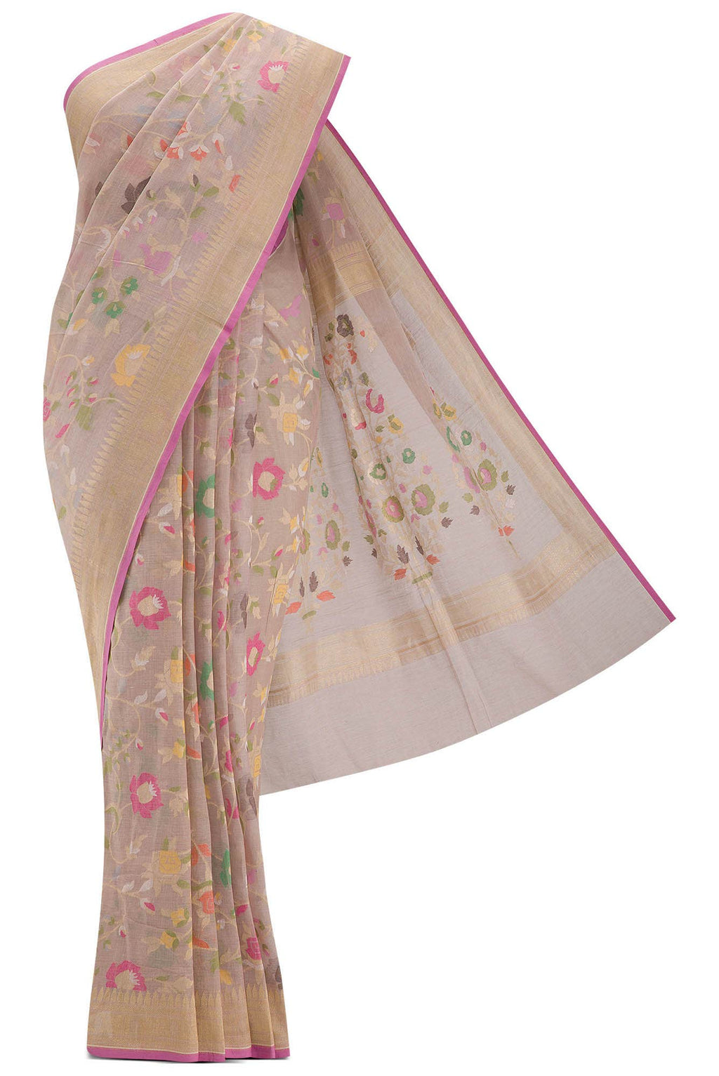 Pure Silk Pure Zari Rose pink Dual Tone Banarasi Cotton Saree