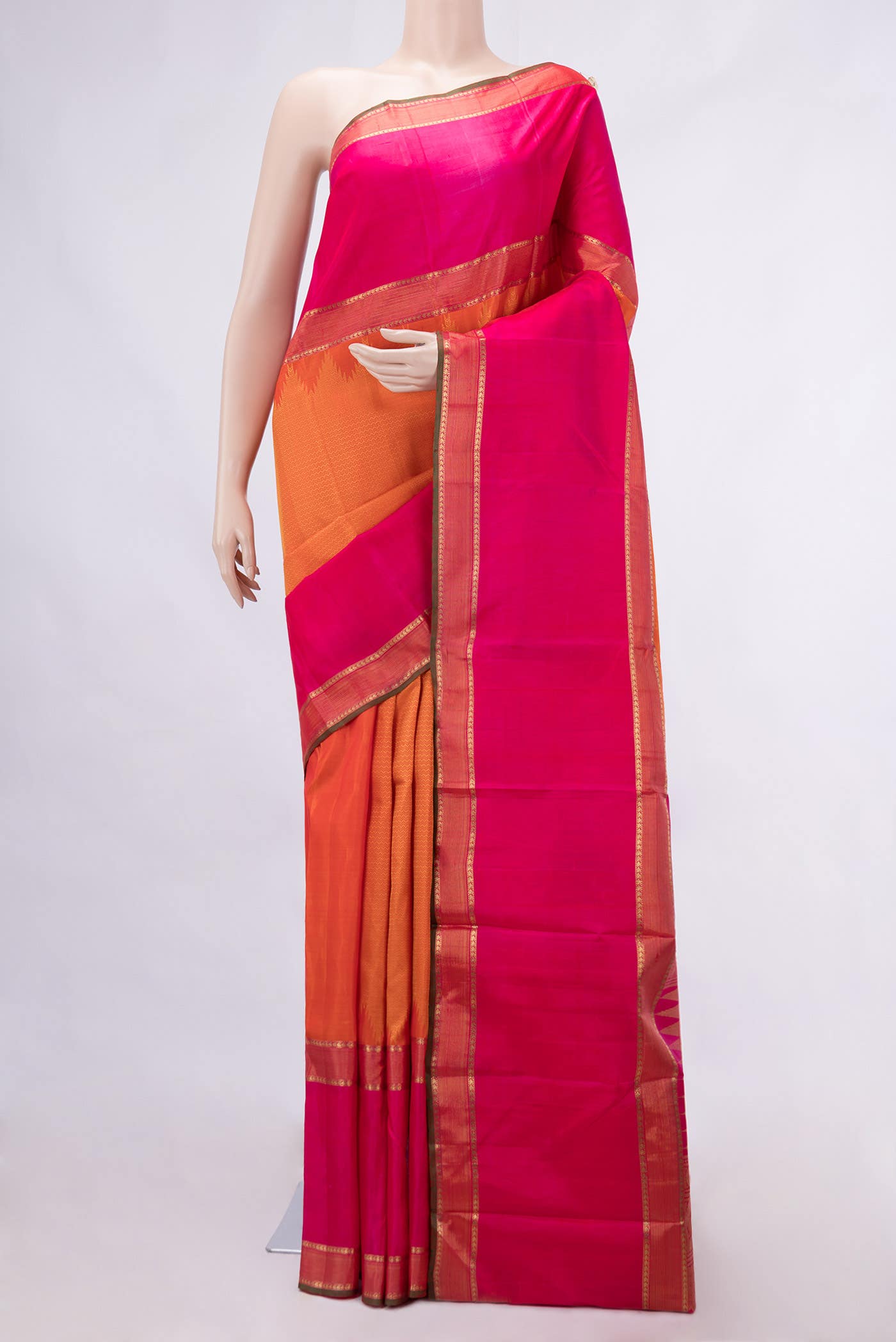 Pure Silk Pure Zari Orange Dual Tone Kanchipuram Saree