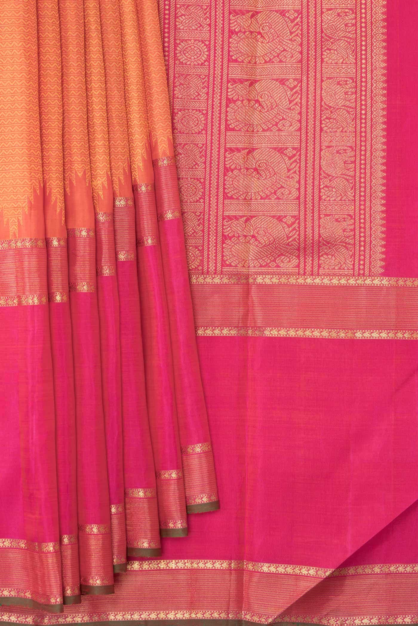 Pure Silk Pure Zari Orange Dual Tone Kanchipuram Saree