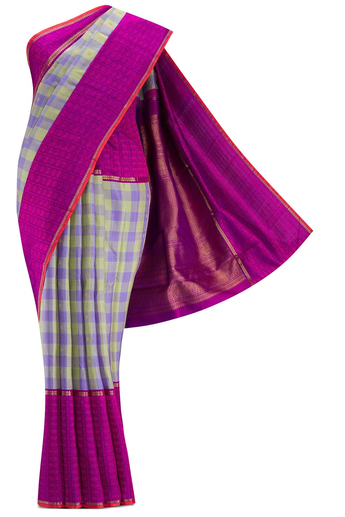 Pure Silk Pure Zari Pista Green and Lavender Dual Tone Kanchipuram Saree