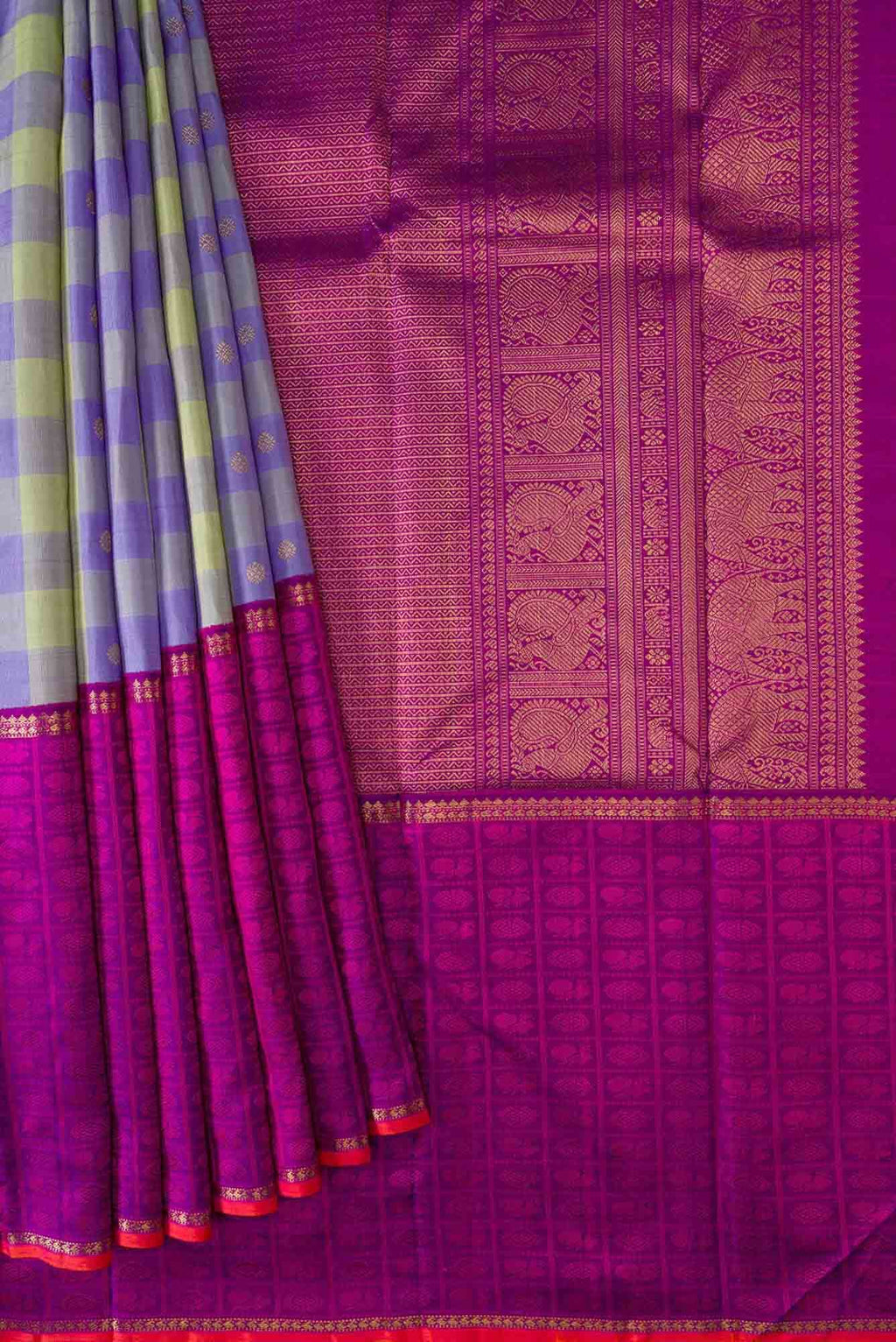 Pure Silk Pure Zari Pista Green and Lavender Dual Tone Kanchipuram Saree