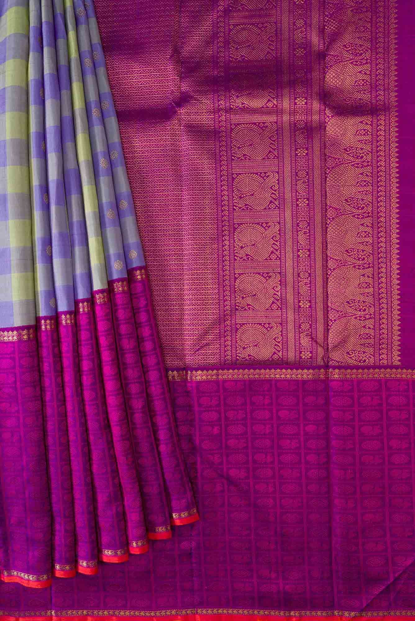 Pure Silk Pure Zari Pista Green and Lavender Dual Tone Kanchipuram Saree