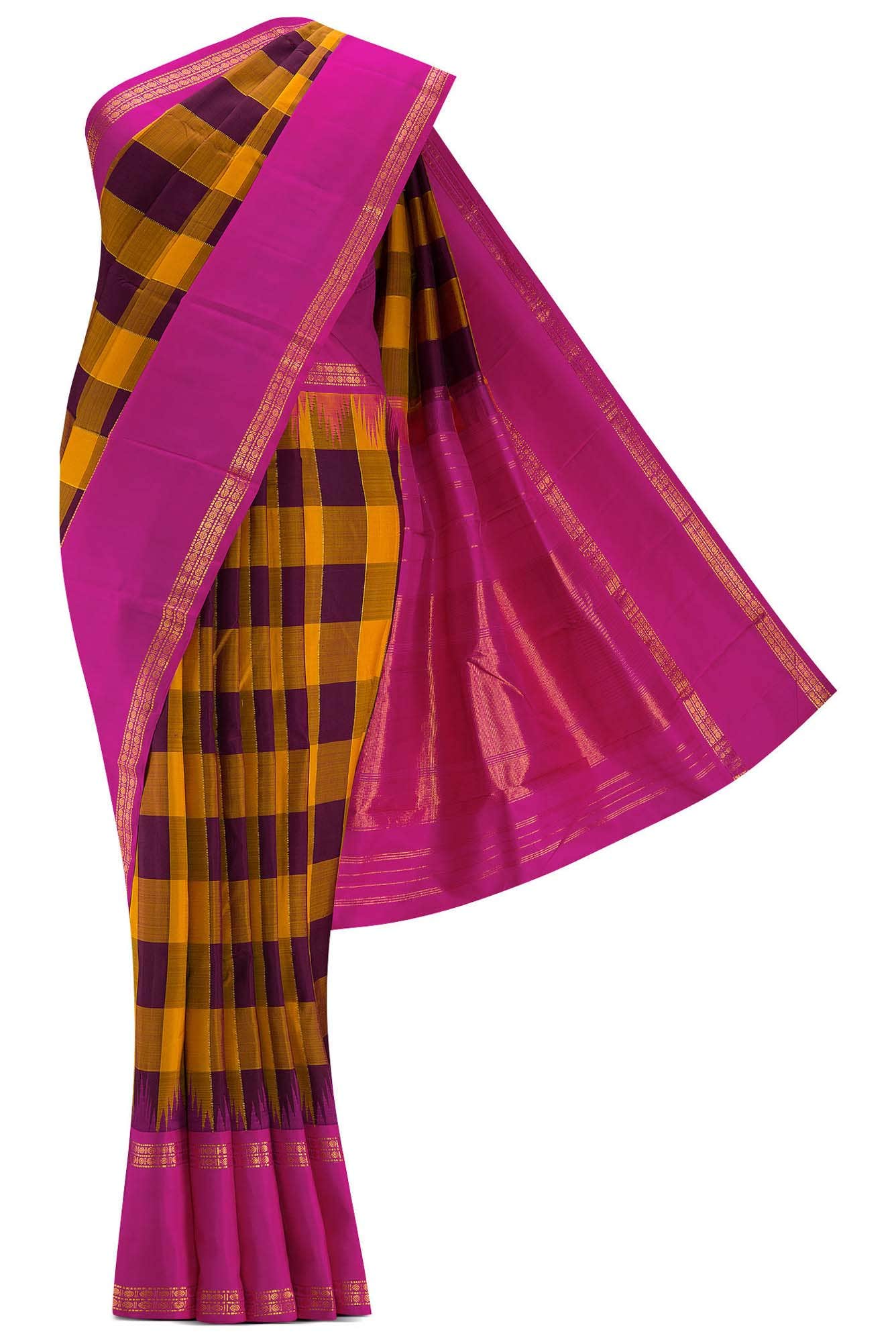 Pure Silk Pure Zari Mustard and Brown Dual Tone Kanchipuram Saree