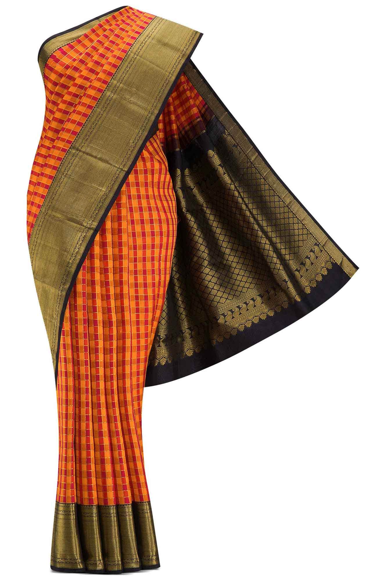 Pure Silk Pure Zari Mustard and Maroon Dual Tone Kanchipuram Saree