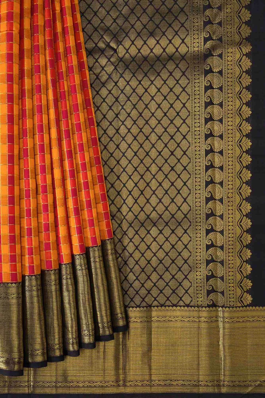Pure Silk Pure Zari Mustard and Maroon Dual Tone Kanchipuram Saree