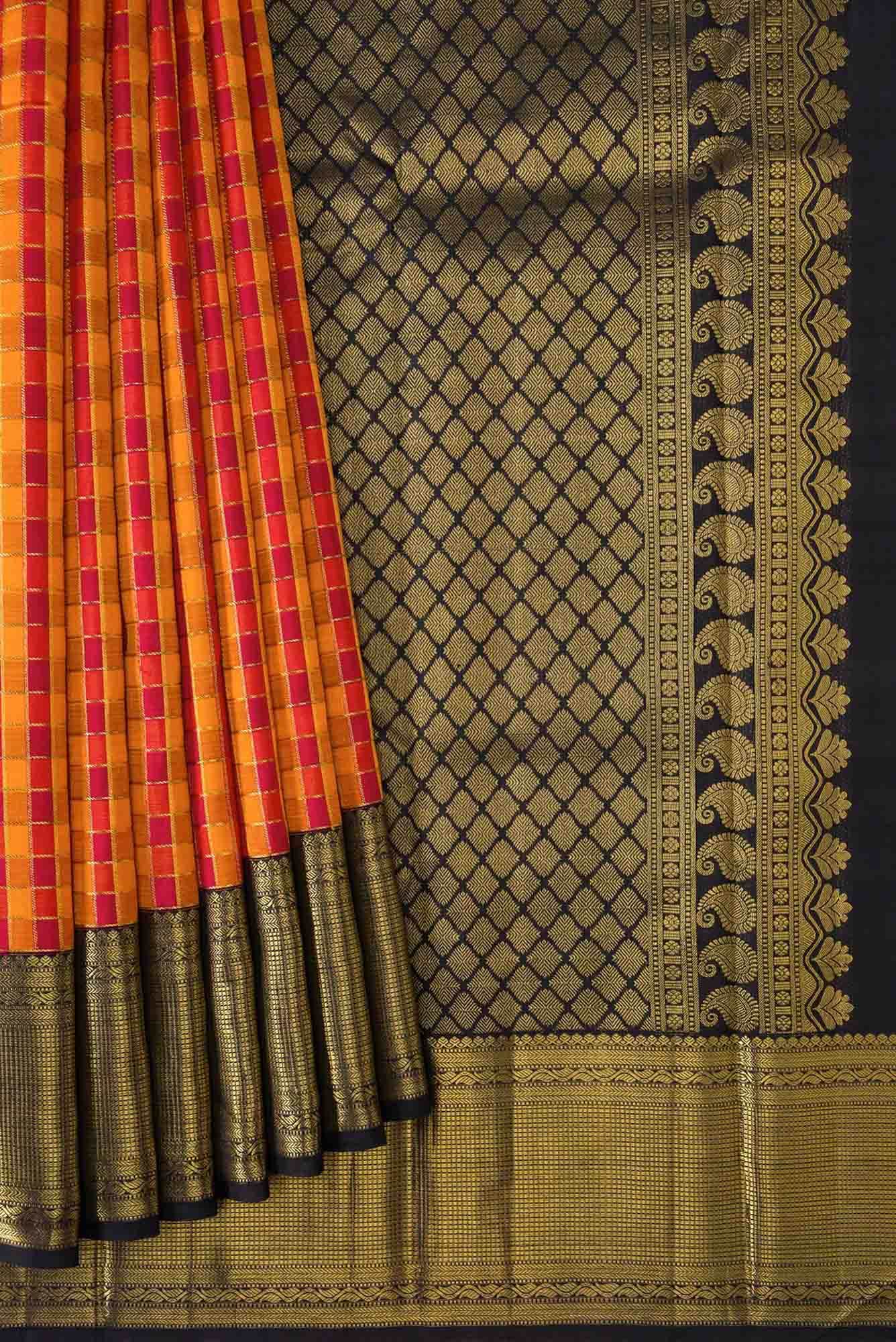 Pure Silk Pure Zari Mustard and Maroon Dual Tone Kanchipuram Saree
