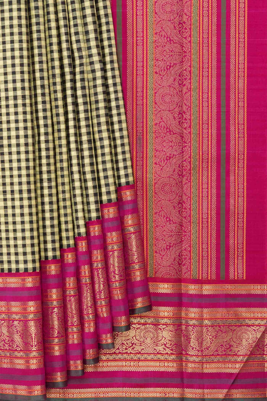 Pure Silk Pure Zari Sandal and Black Dual Tone Kanchipuram Saree