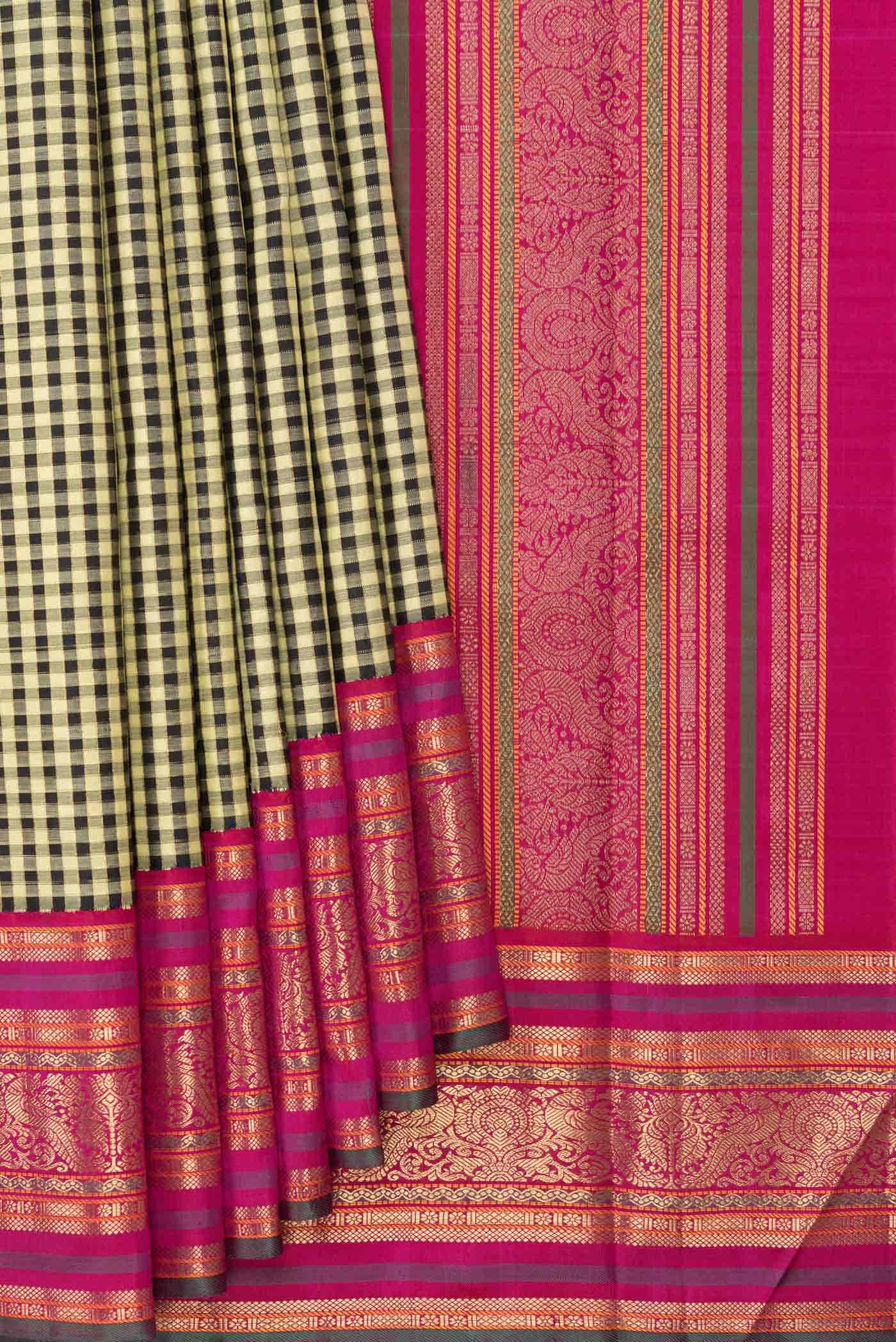Pure Silk Pure Zari Sandal and Black Dual Tone Kanchipuram Saree